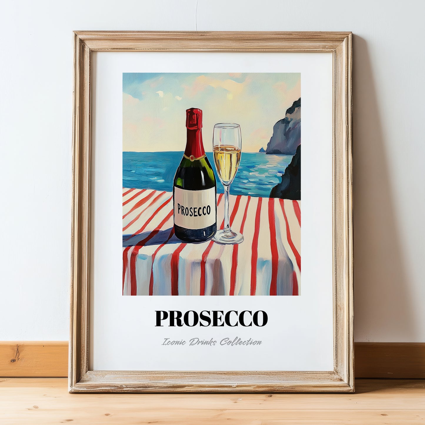 Prosecco – Italian Seaside Café Scene, Italian Wine Still Life, in wooden frame leaning on the floor