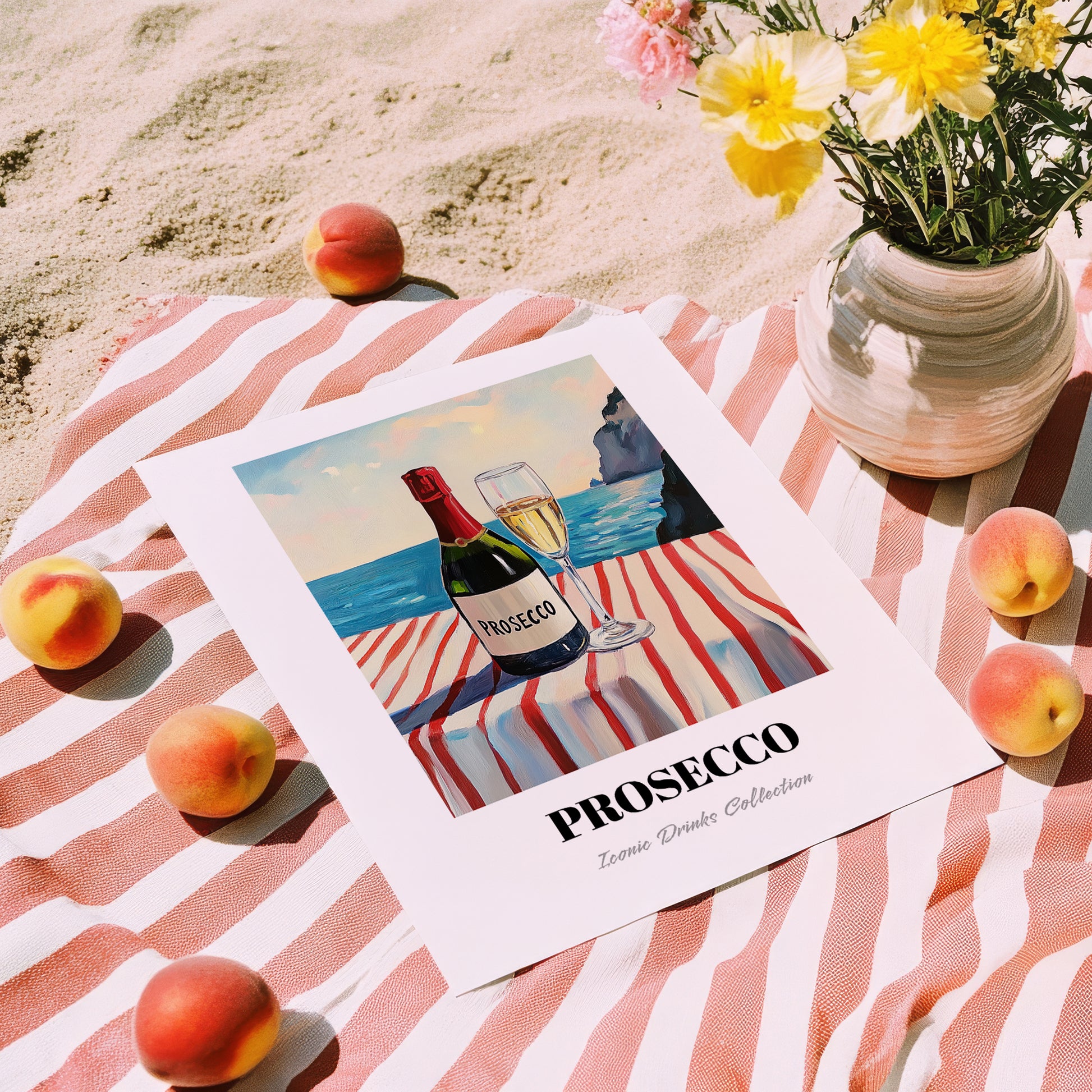 Prosecco – Italian Seaside Café Scene, Italian Wine Still Life, unframed on coastal sand