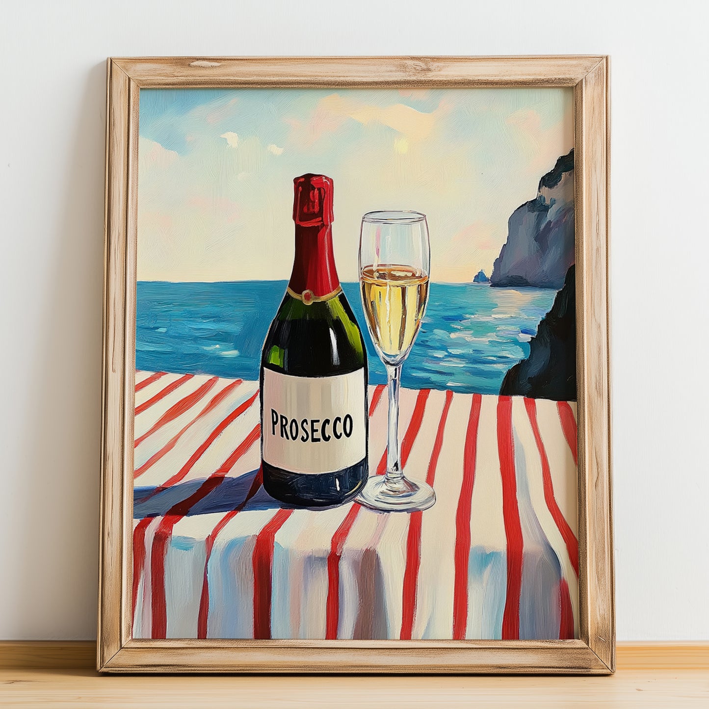 Prosecco – Italian Seaside Café Scene, Italian Wine Still Life, no-text version framed in wood