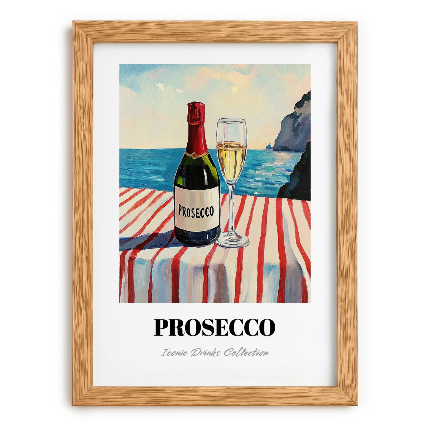 Prosecco – Italian Seaside Café Scene, Italian Wine Still Life, set in oak frame