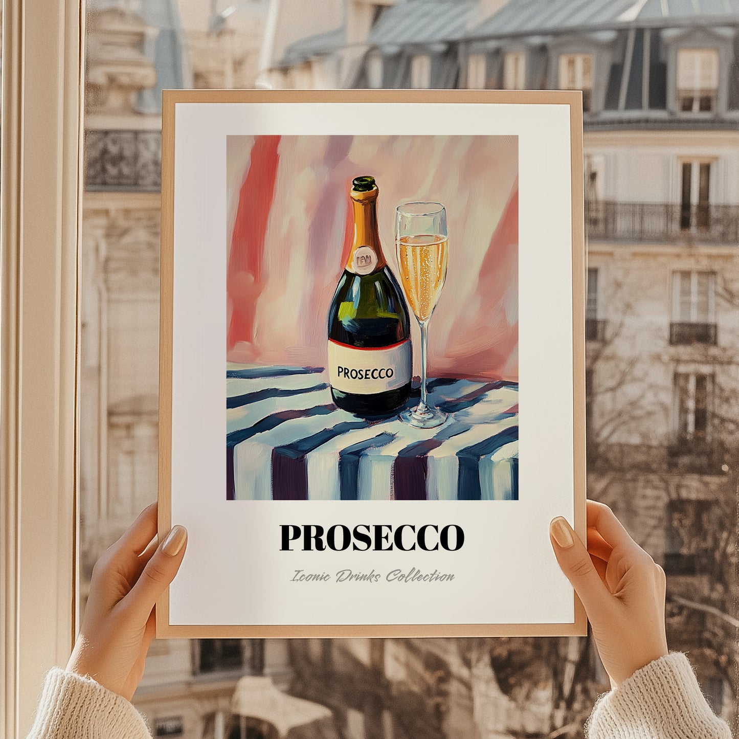 Prosecco – on Striped Tablecloth, Italian Wine Illustration, styled in a charming Paris street view