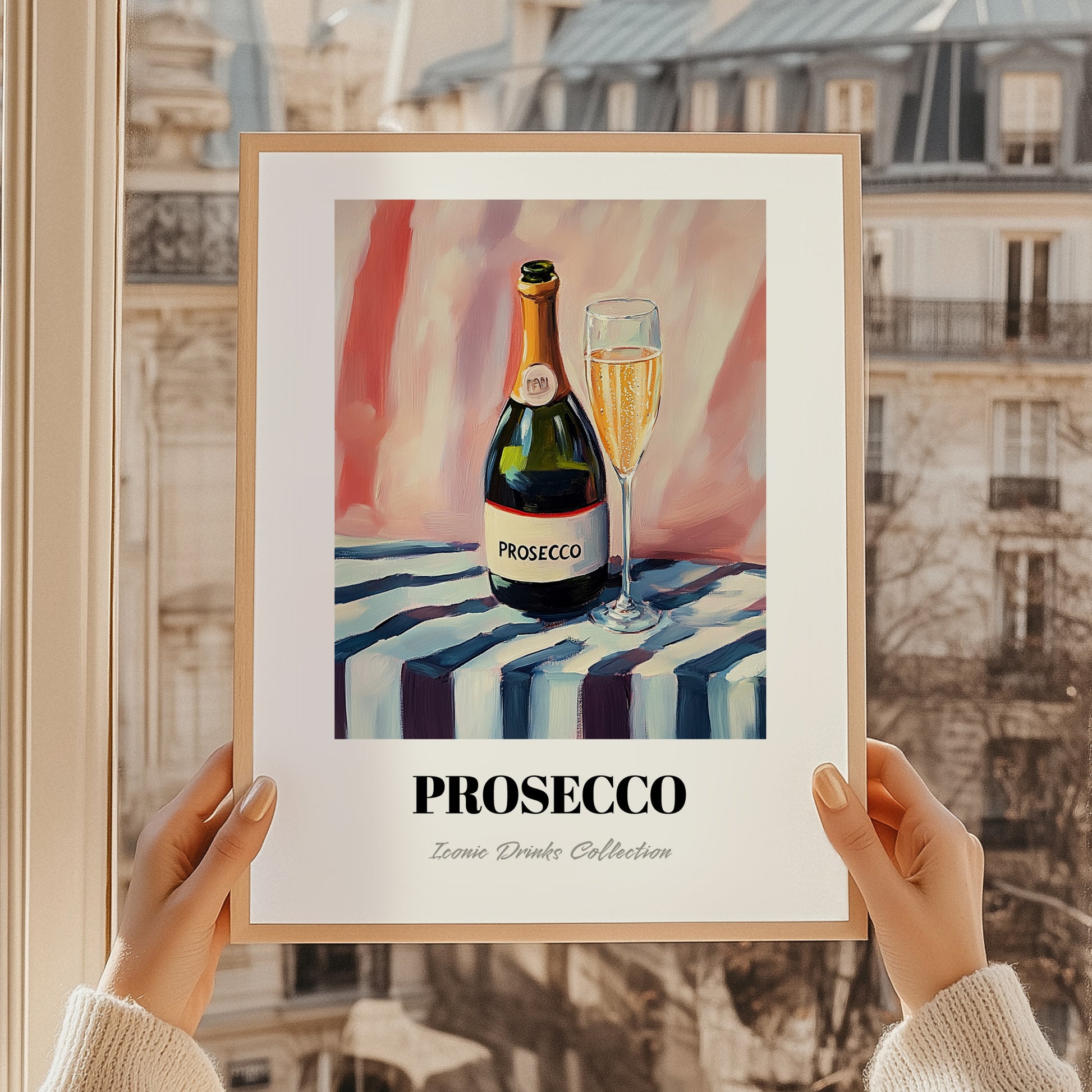 Prosecco – on Striped Tablecloth, Italian Wine Illustration, styled in a charming Paris street view