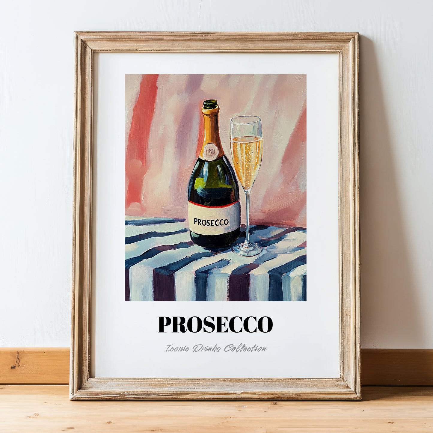 Prosecco – on Striped Tablecloth, Italian Wine Illustration, in wooden frame leaning on the floor