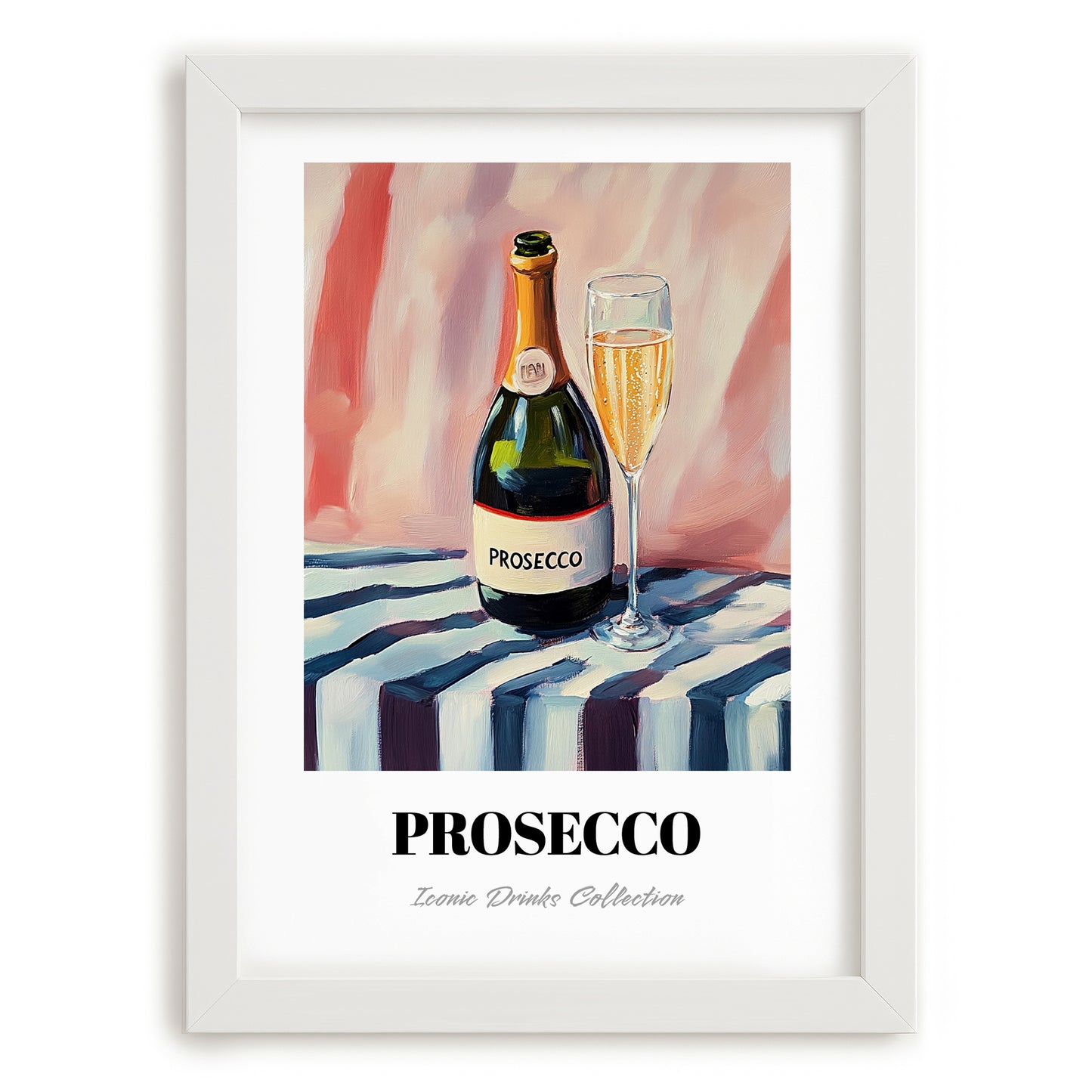 Prosecco – on Striped Tablecloth, Italian Wine Illustration, placed in minimal white frame