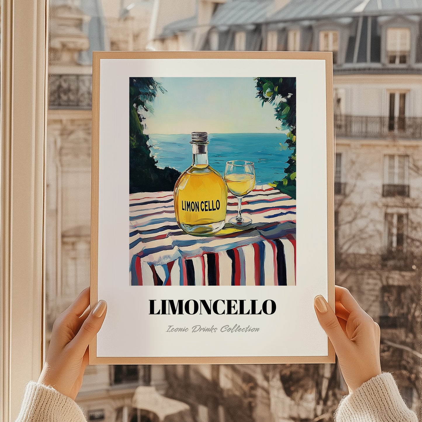 Limoncello – Italian Seaside Café Scene, Italian Spirit Wall Art, styled in a charming Paris street view
