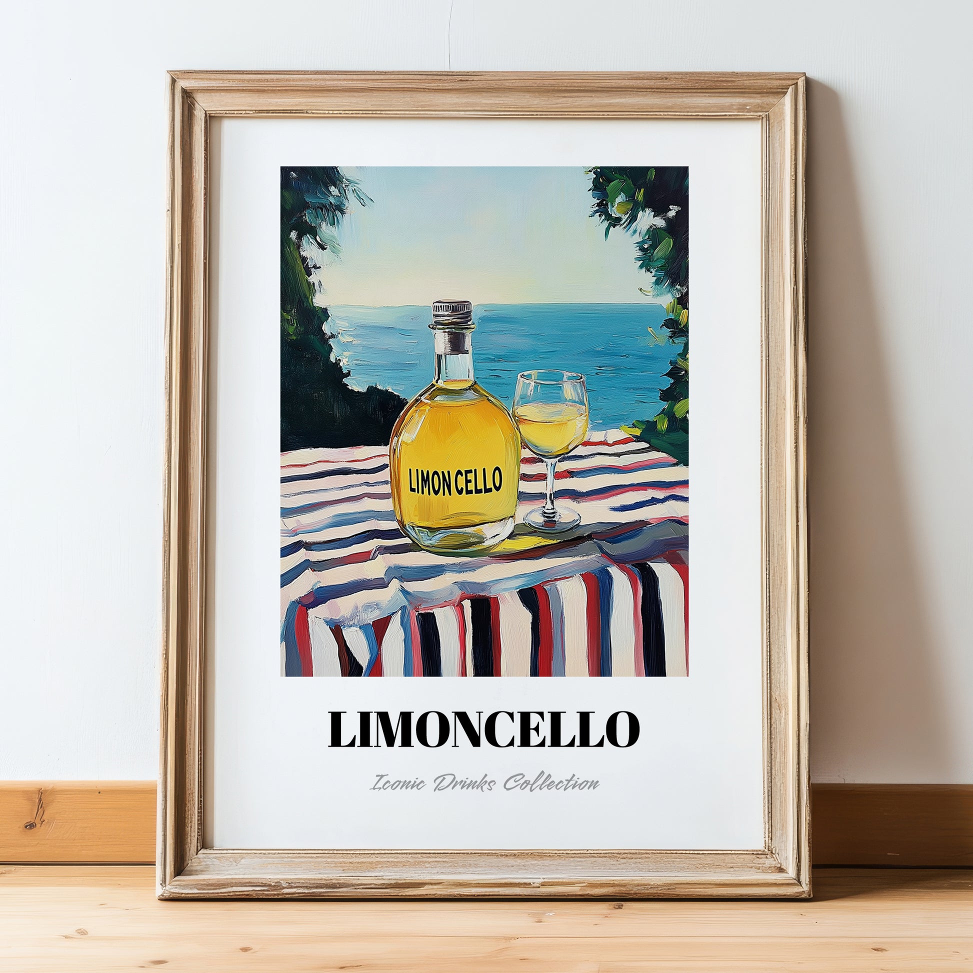 Limoncello – Italian Seaside Café Scene, Italian Spirit Wall Art, in wooden frame leaning on the floor