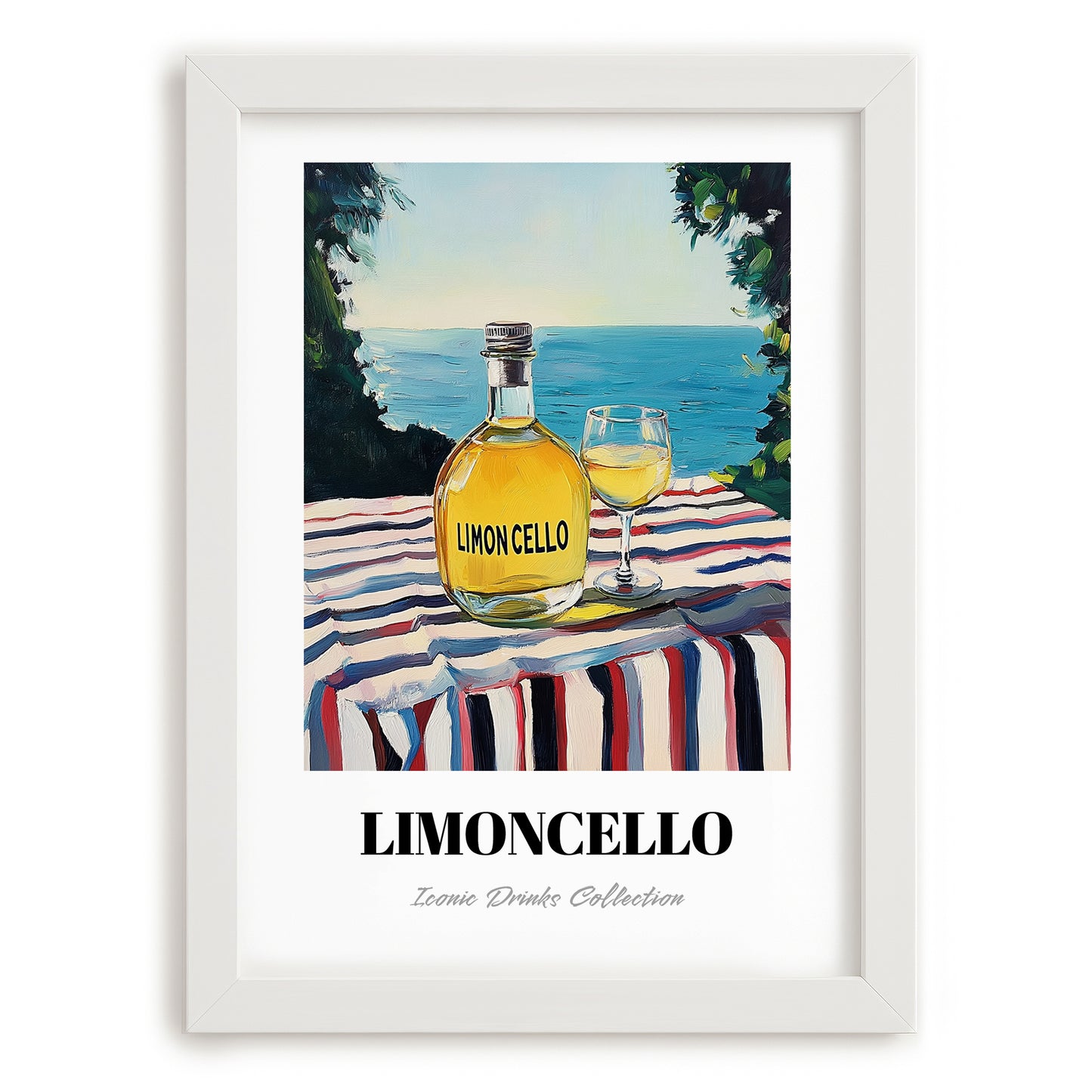 Limoncello – Italian Seaside Café Scene, Italian Spirit Wall Art, placed in minimal white frame