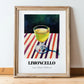 Limoncello – on Striped Tablecloth, Italian Spirit Wall Decor, in wooden frame leaning on the floor