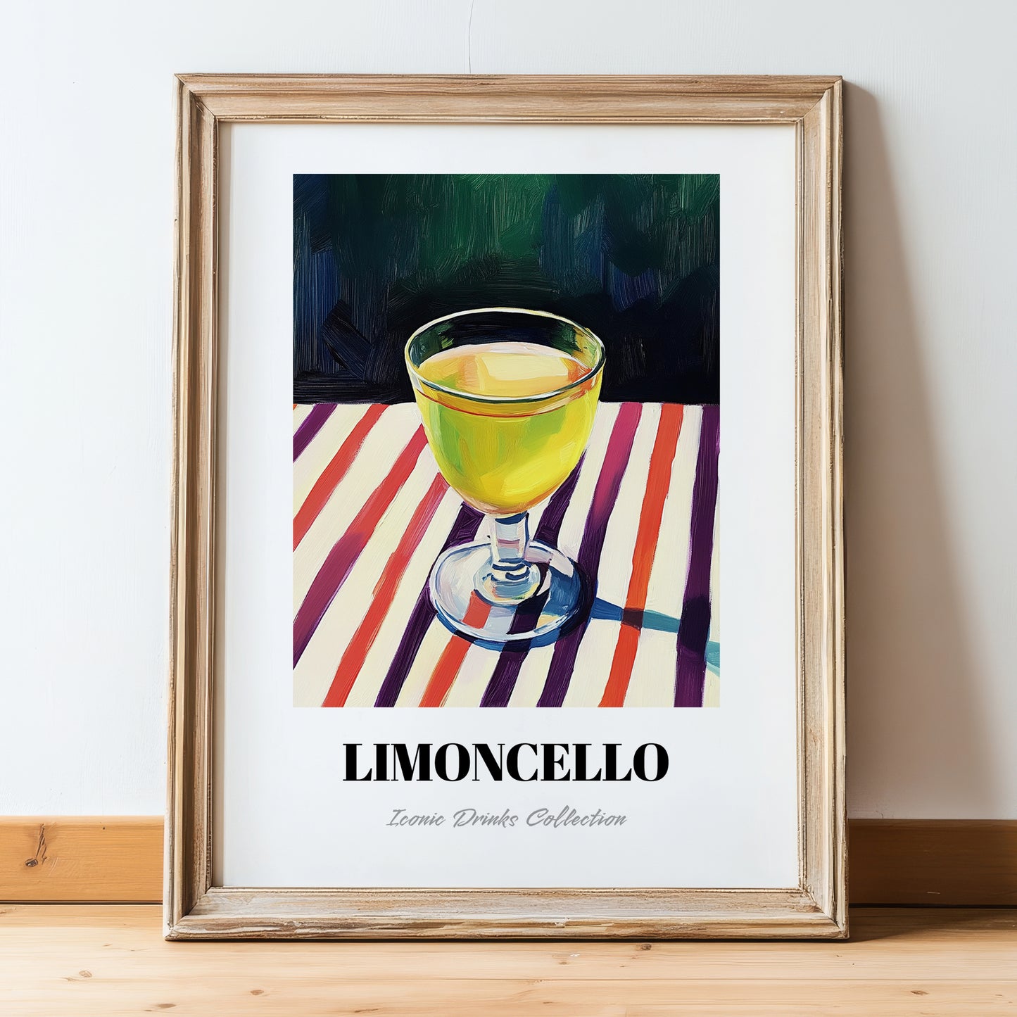 Limoncello – on Striped Tablecloth, Italian Spirit Wall Decor, in wooden frame leaning on the floor