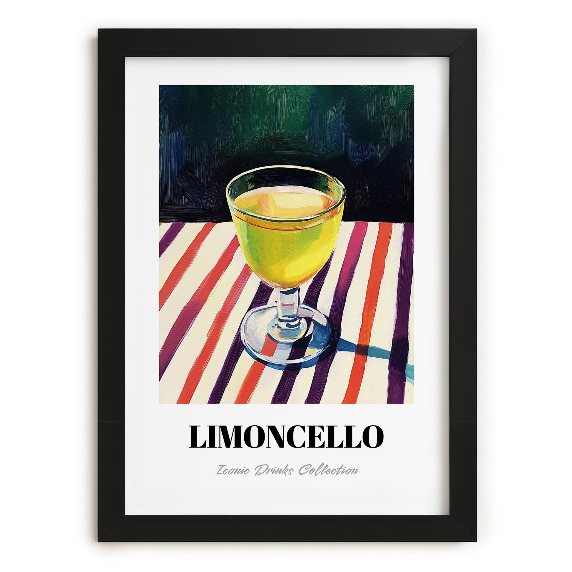 Limoncello – on Striped Tablecloth, Italian Spirit Wall Decor, in sleek black frame