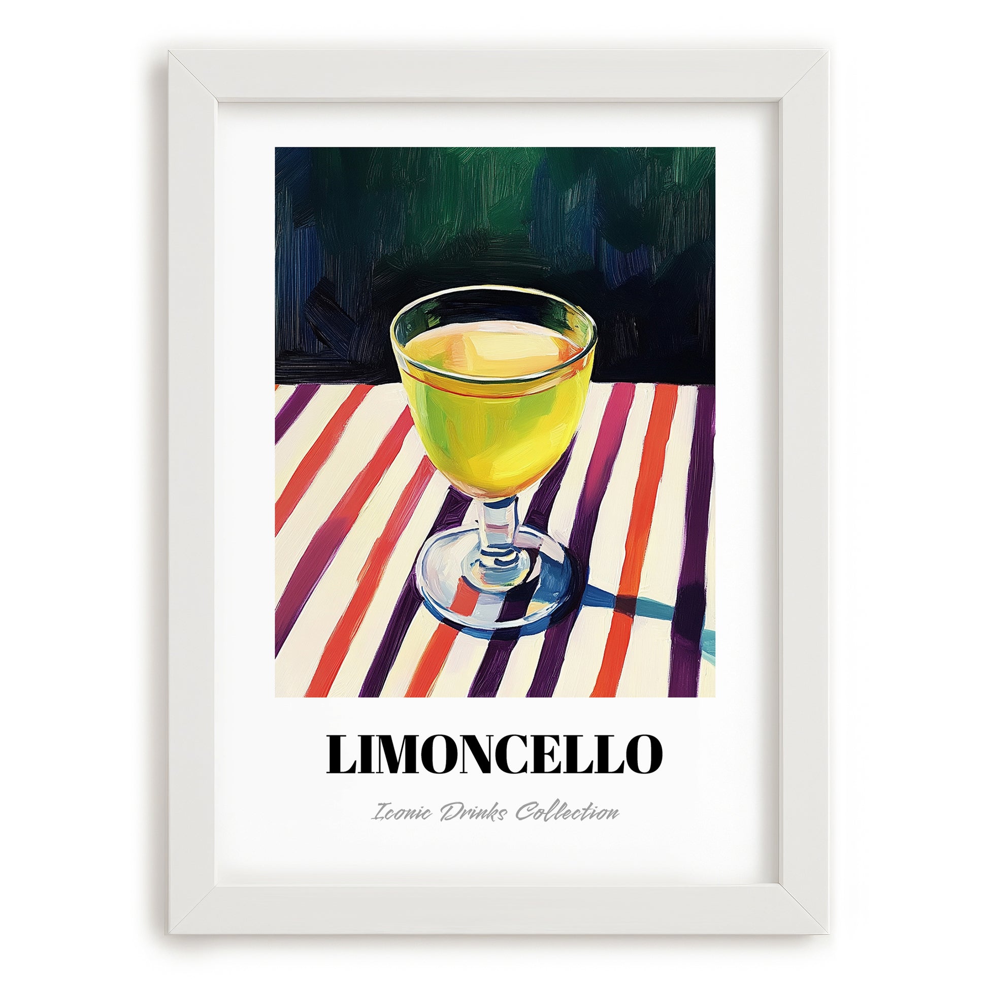 Limoncello – on Striped Tablecloth, Italian Spirit Wall Decor, placed in minimal white frame