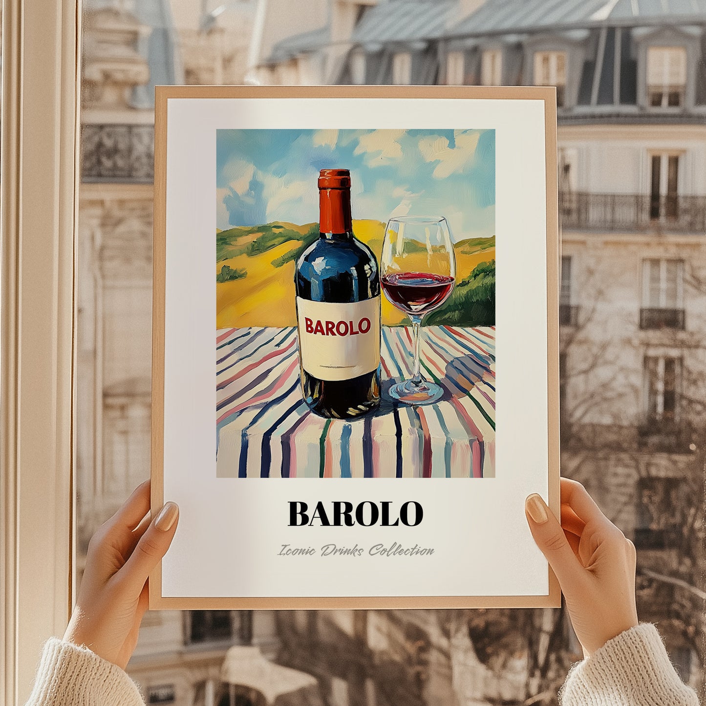 Barolo – Italian Hilltop Table Scene, Italian Wine Painting, styled in a charming Paris street view