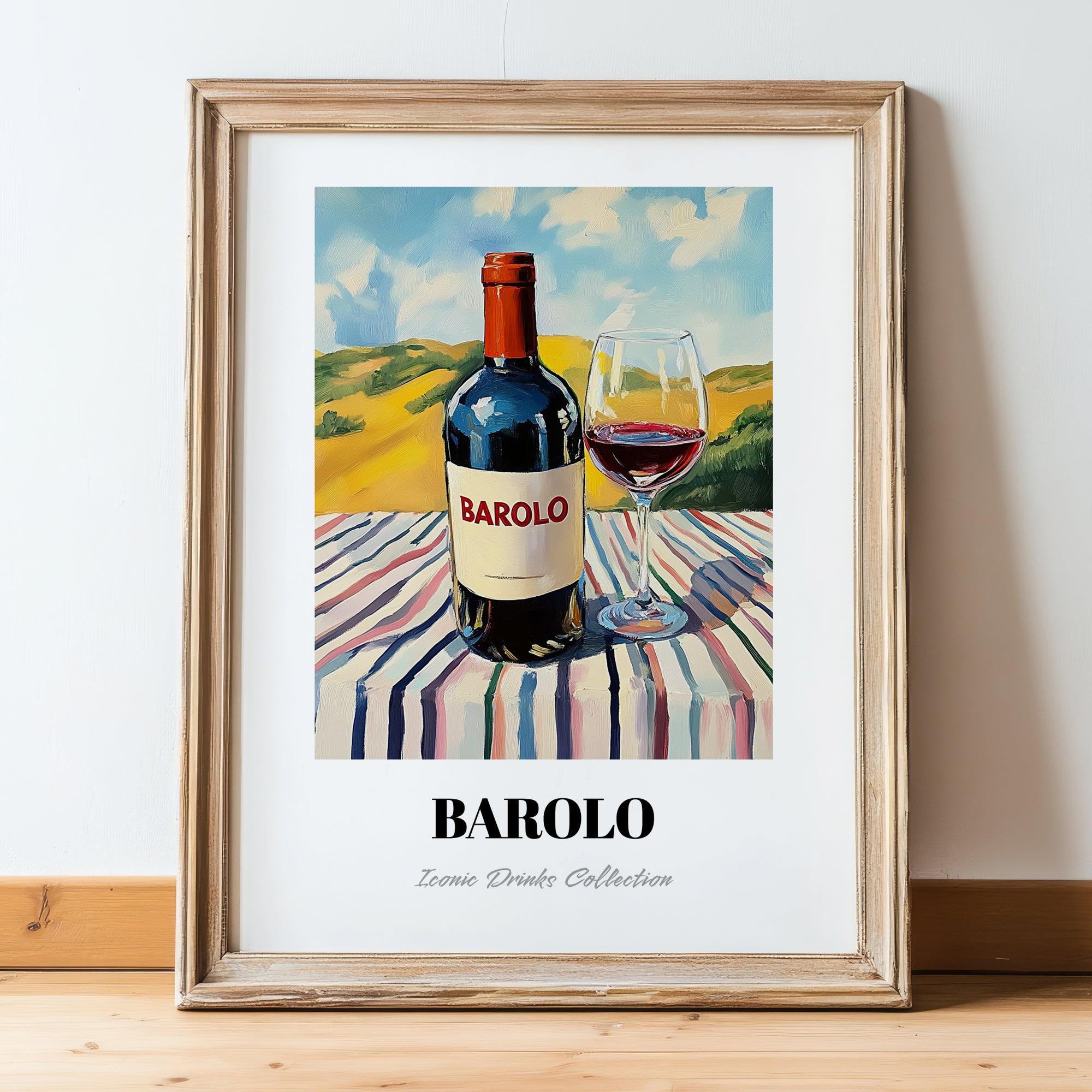 Barolo – Italian Hilltop Table Scene, Italian Wine Painting, in wooden frame leaning on the floor