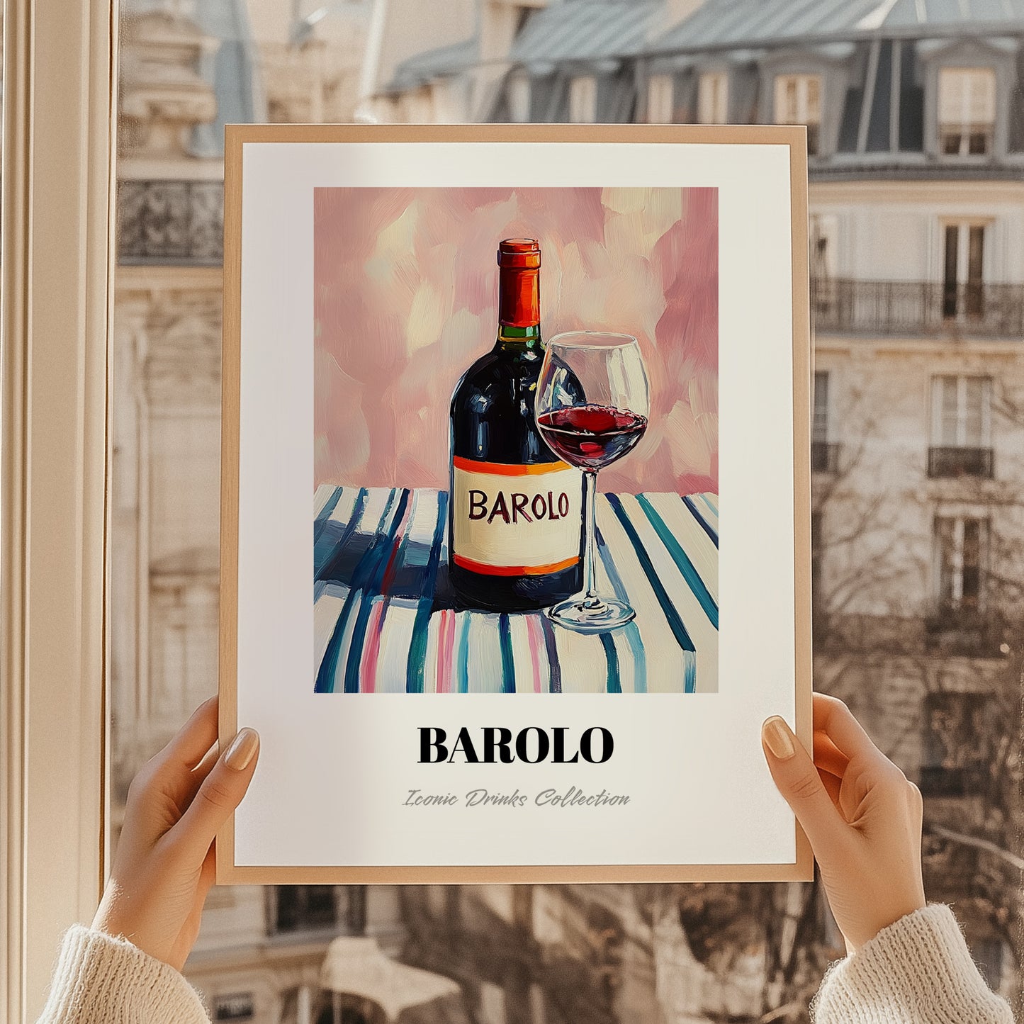 Barolo – on Striped Tablecloth, Italian Wine Wall Decor, styled in a charming Paris street view