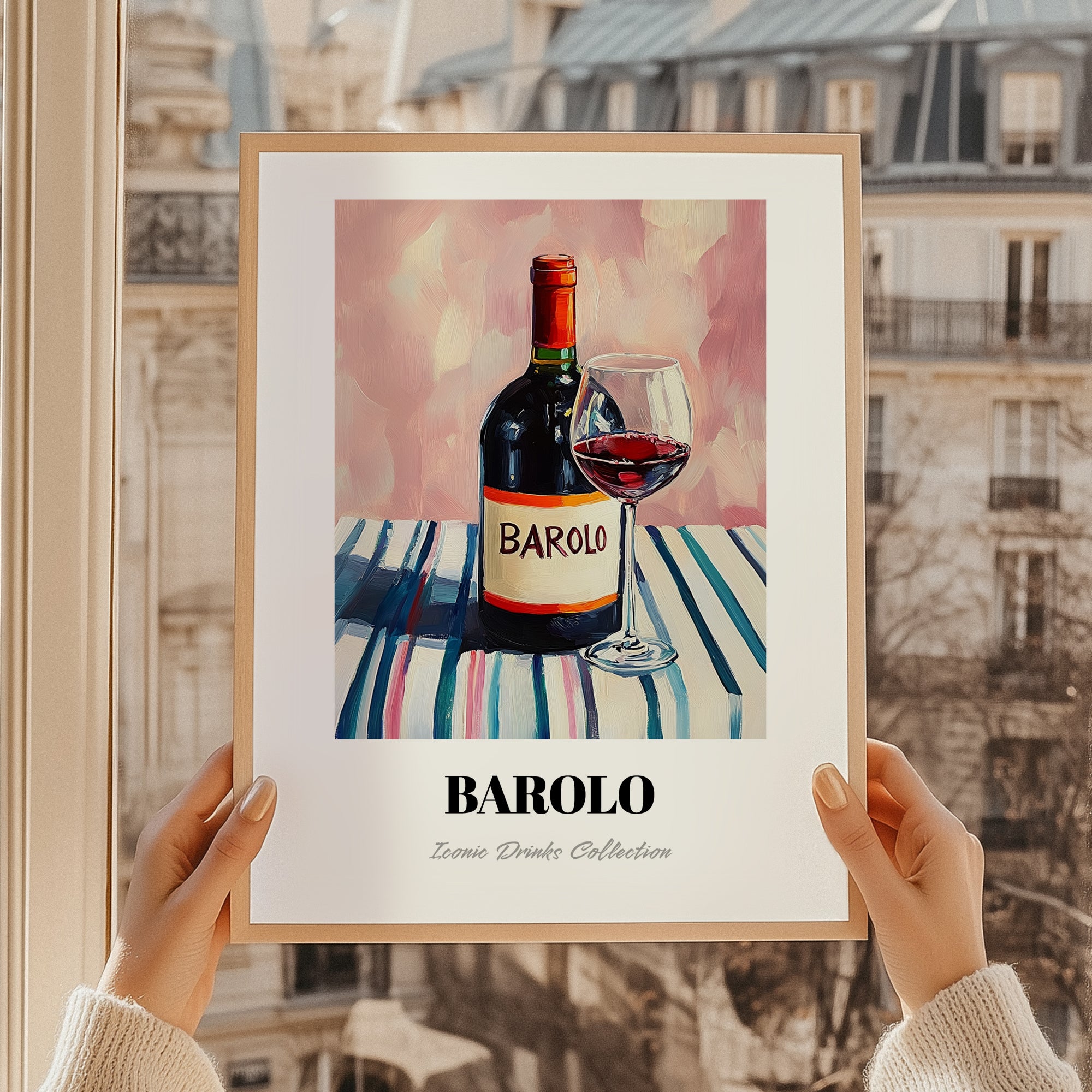 Barolo – on Striped Tablecloth, Italian Wine Wall Decor, styled in a charming Paris street view