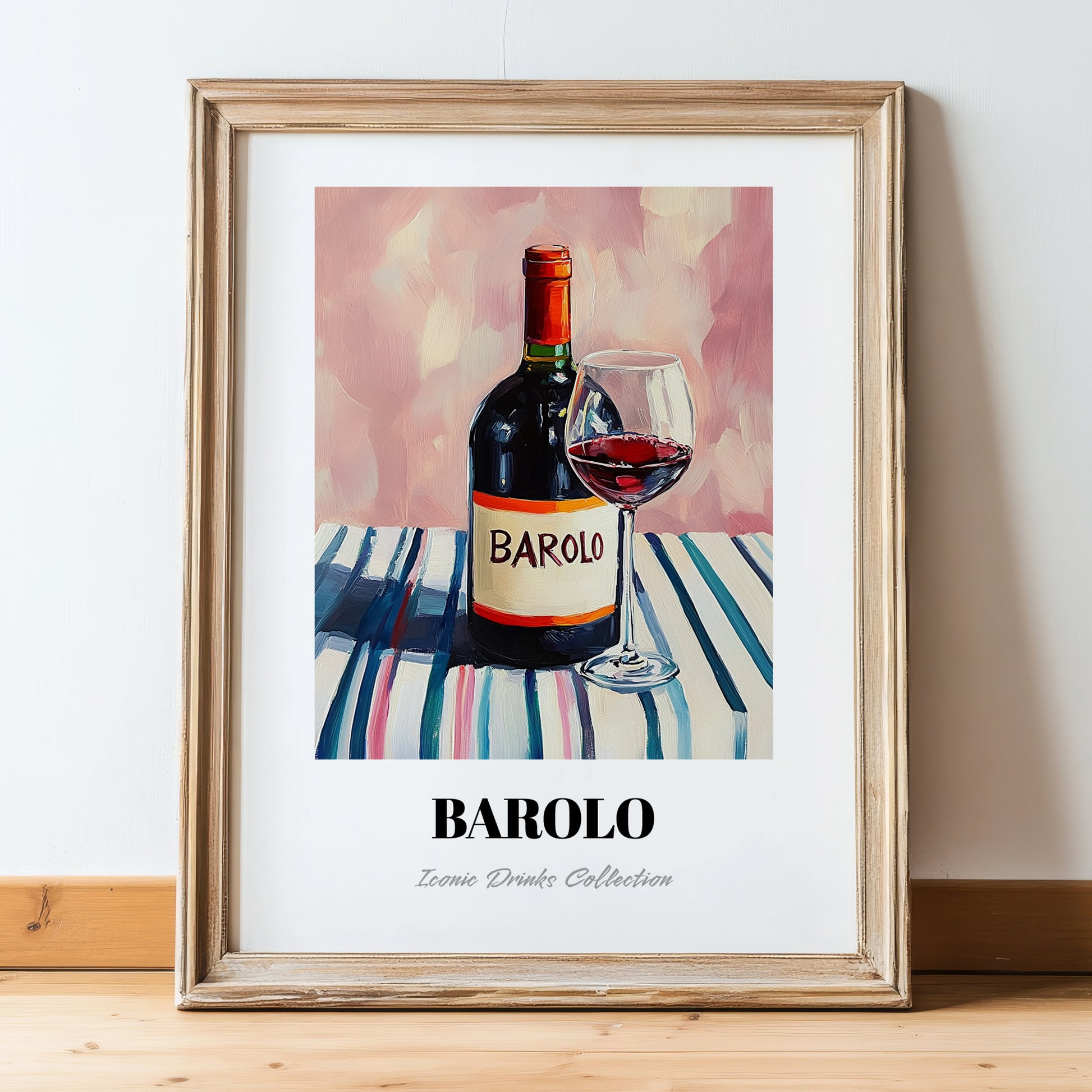 Barolo – on Striped Tablecloth, Italian Wine Wall Decor, in wooden frame leaning on the floor