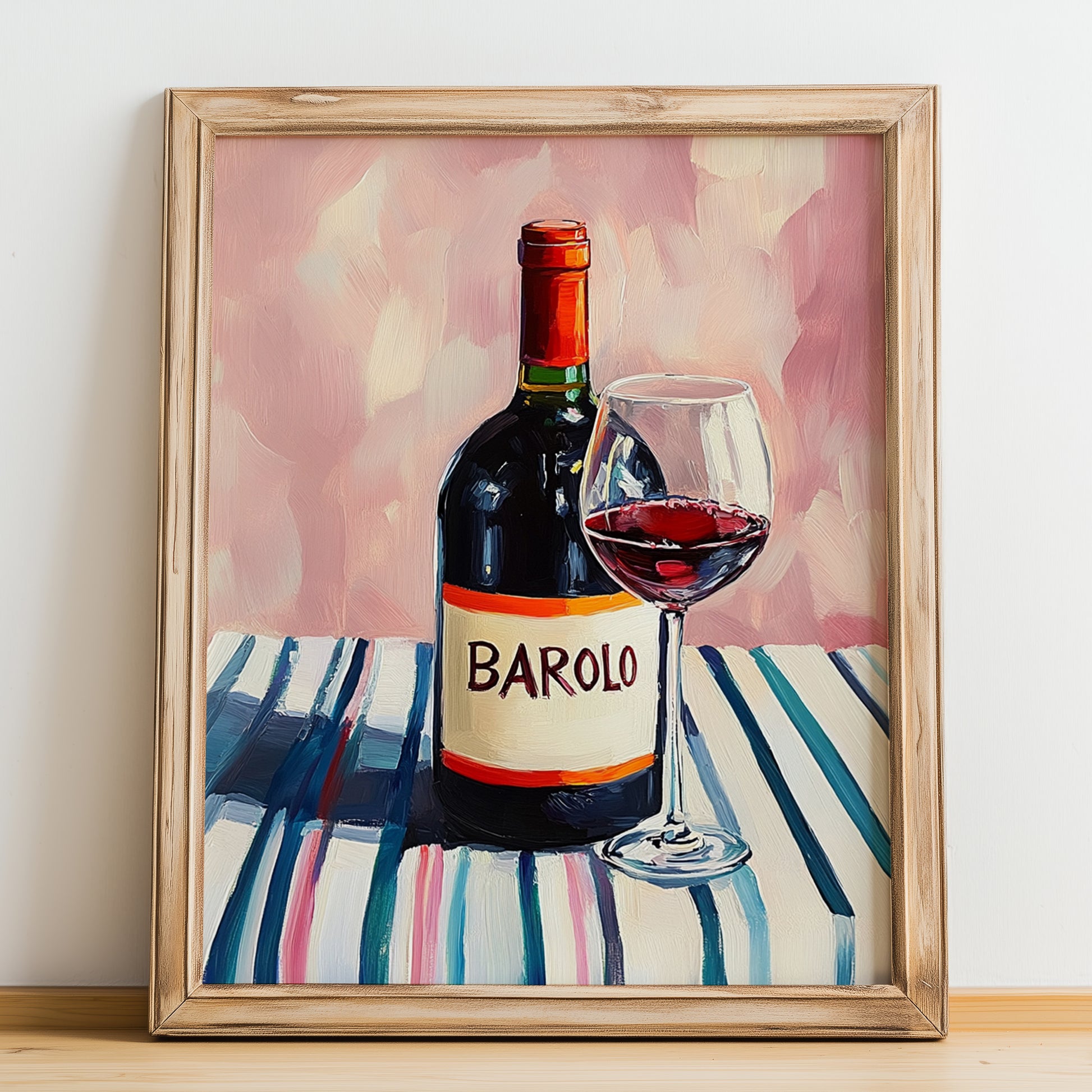 Barolo – on Striped Tablecloth, Italian Wine Wall Decor, no-text version framed in wood