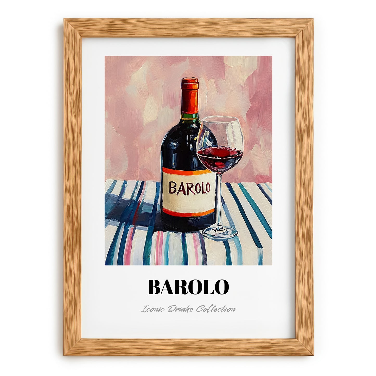 Barolo – on Striped Tablecloth, Italian Wine Wall Decor, set in oak frame