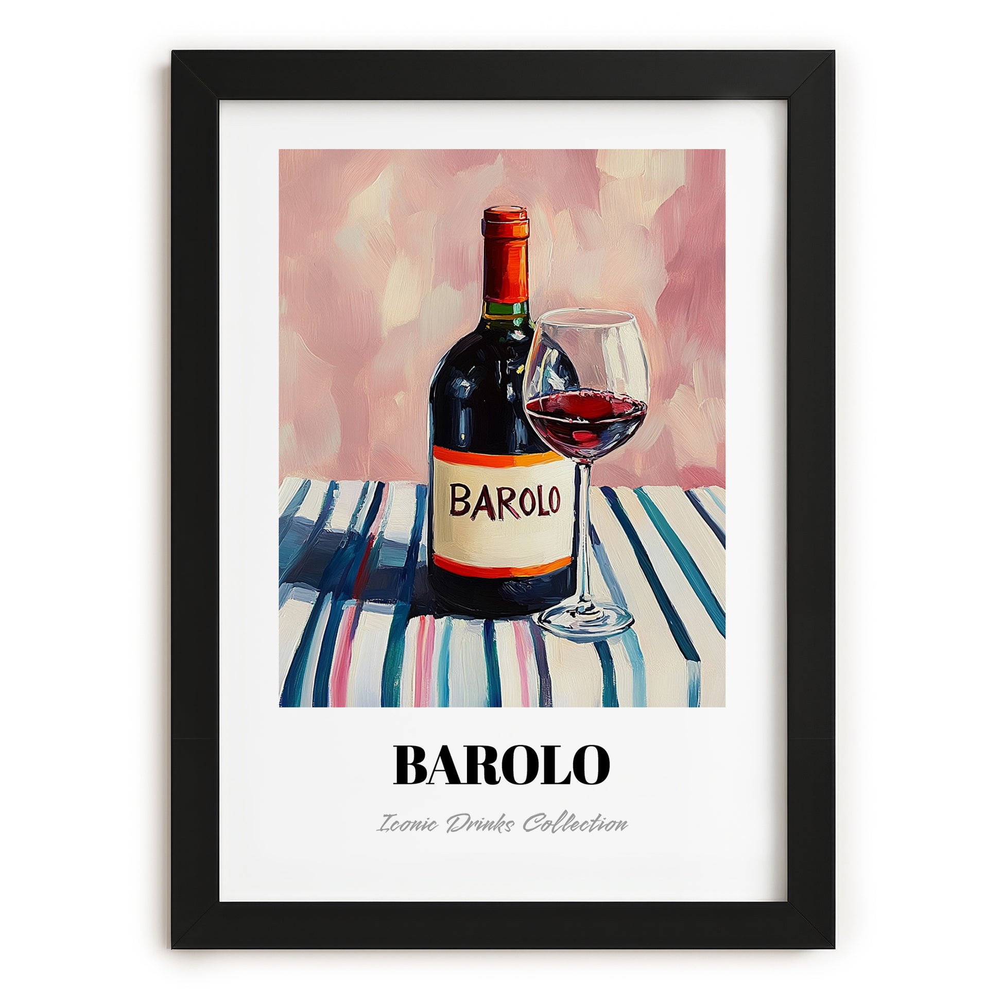 Barolo – on Striped Tablecloth, Italian Wine Wall Decor, in sleek black frame