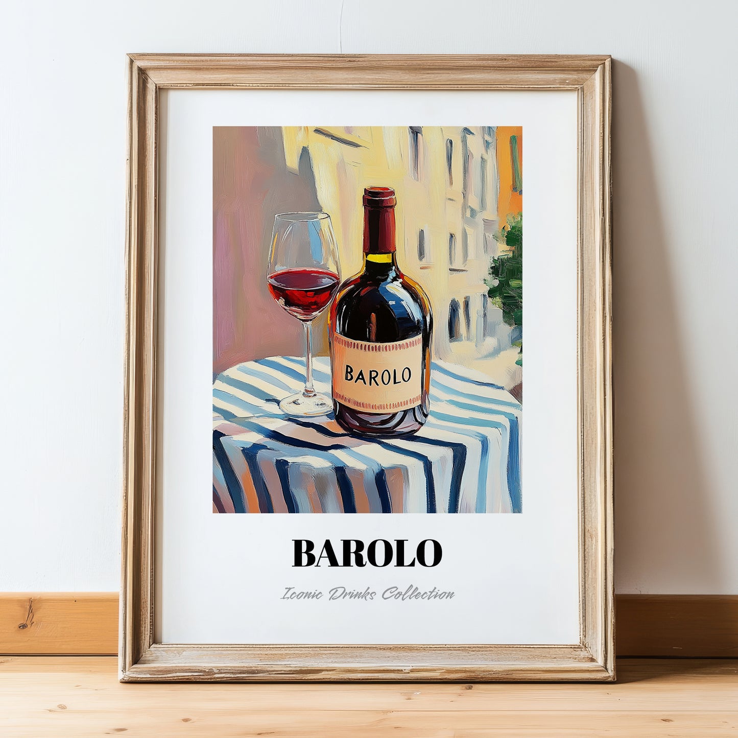 Barolo – Italian Café on the Corner, Italian Wine Illustration, in wooden frame leaning on the floor
