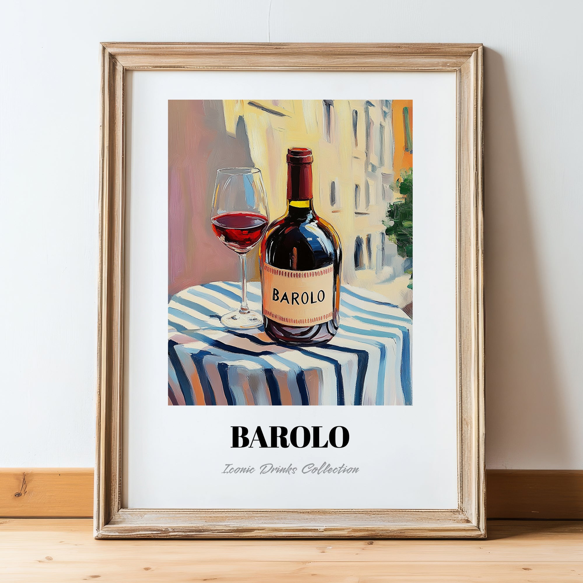 Barolo – Italian Café on the Corner, Italian Wine Illustration, in wooden frame leaning on the floor