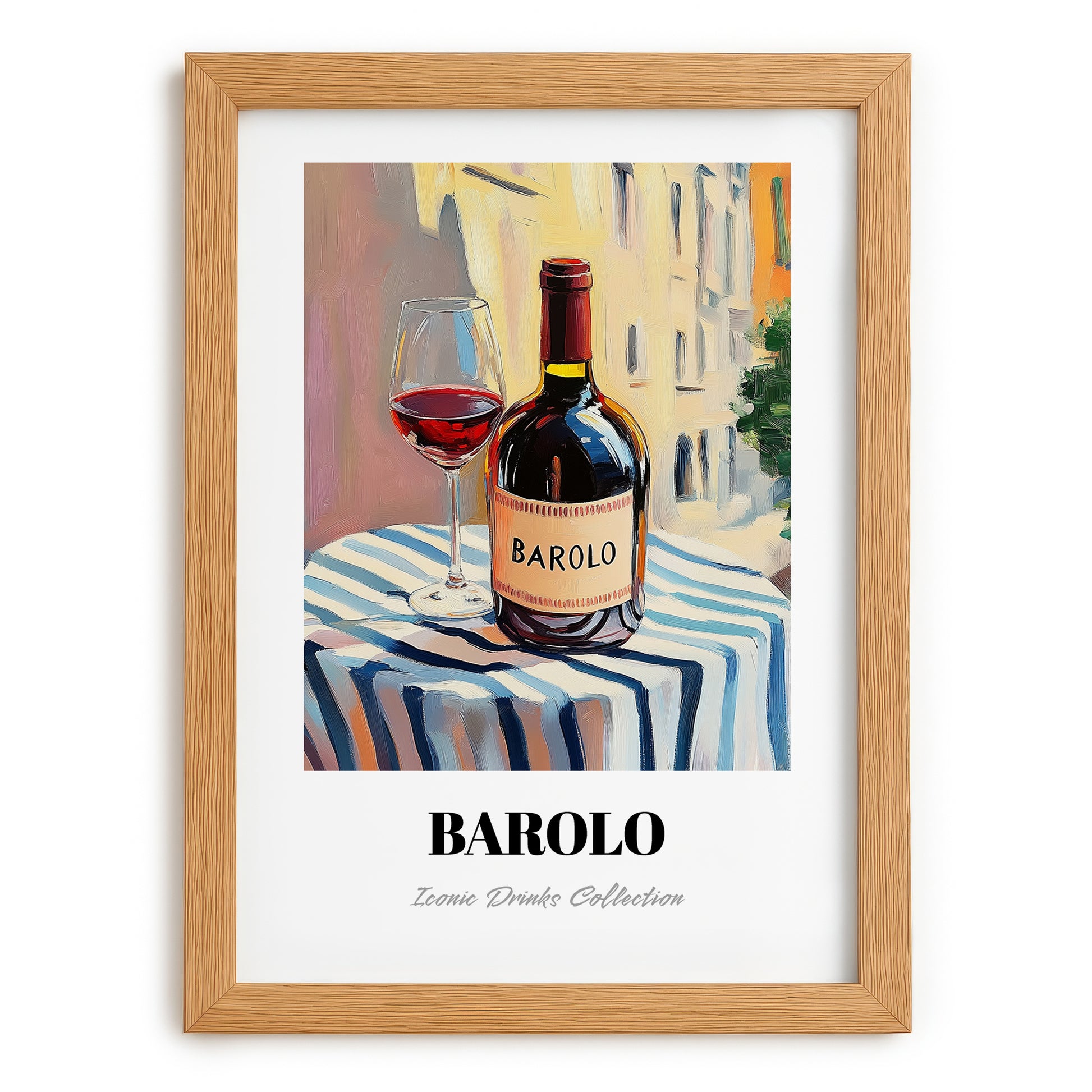 Barolo – Italian Café on the Corner, Italian Wine Illustration, set in oak frame