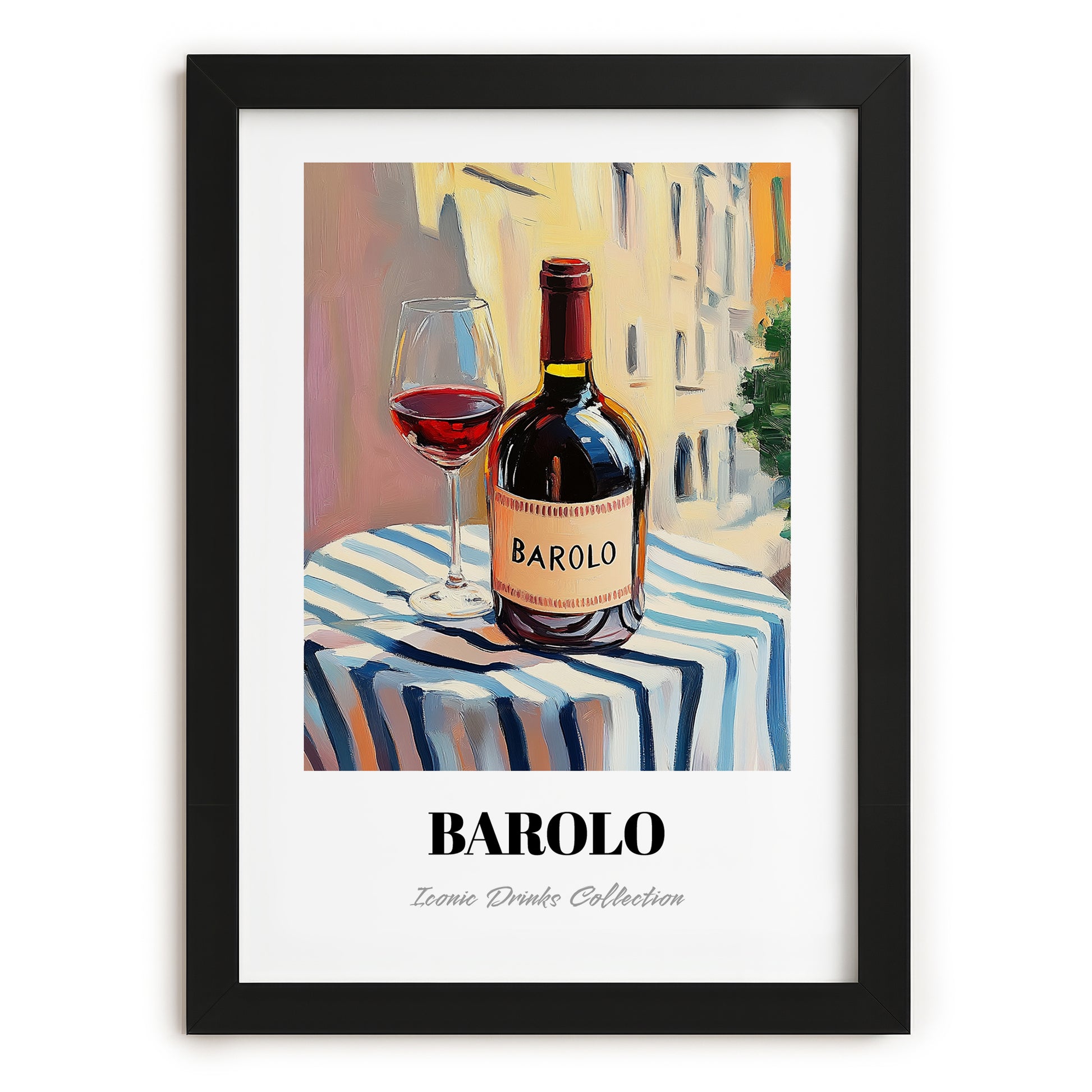Barolo – Italian Café on the Corner, Italian Wine Illustration, in sleek black frame