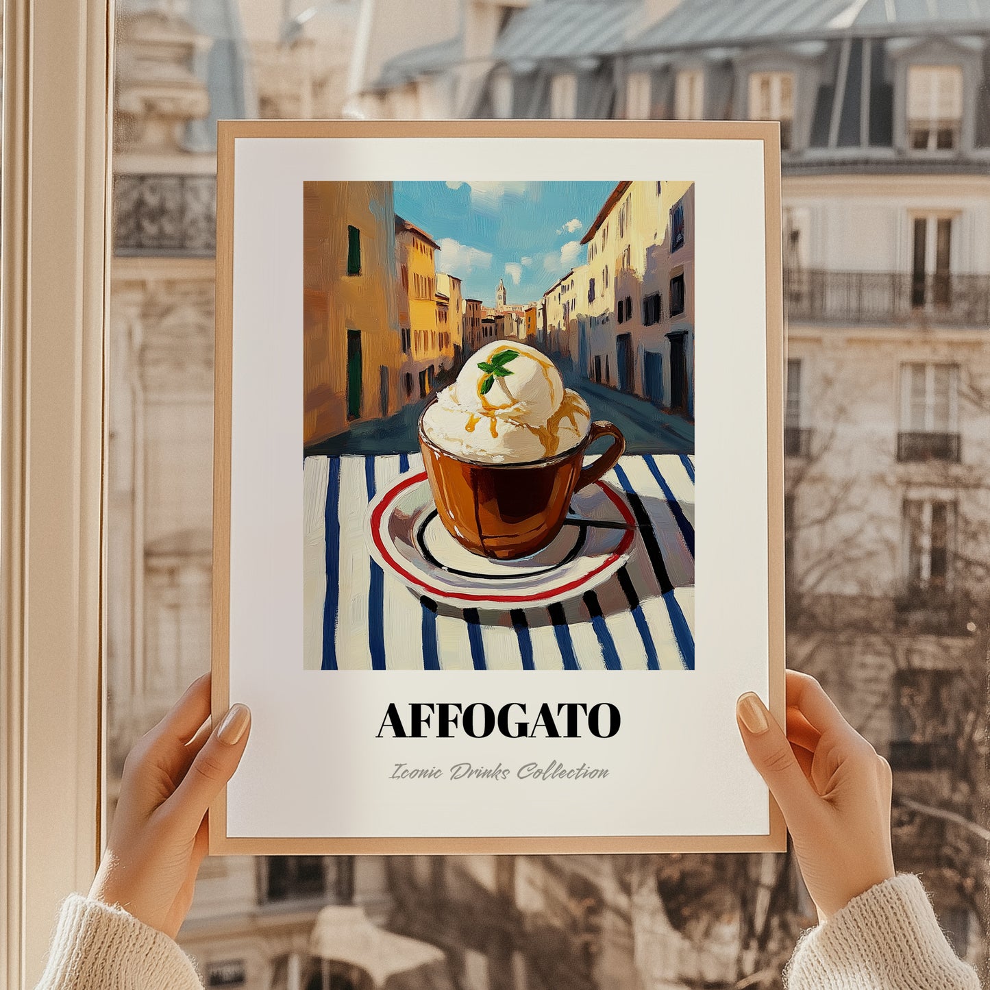 Affogato – Italian Café on the Corner, Italian Food Wall Poster, styled in a charming Paris street view