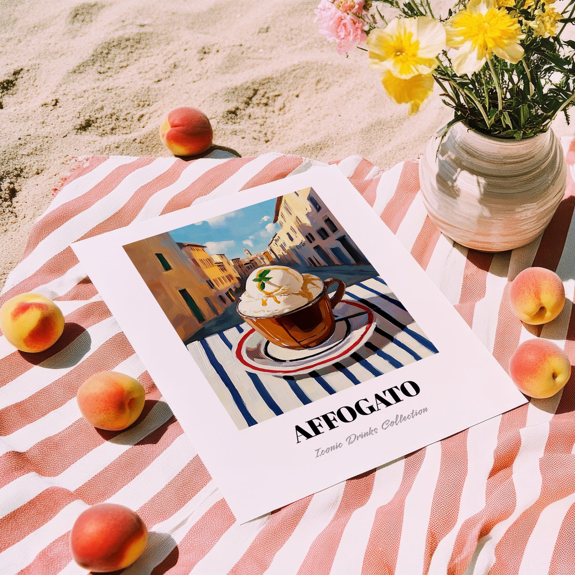 Affogato – Italian Café on the Corner, Italian Food Wall Poster, unframed on coastal sand