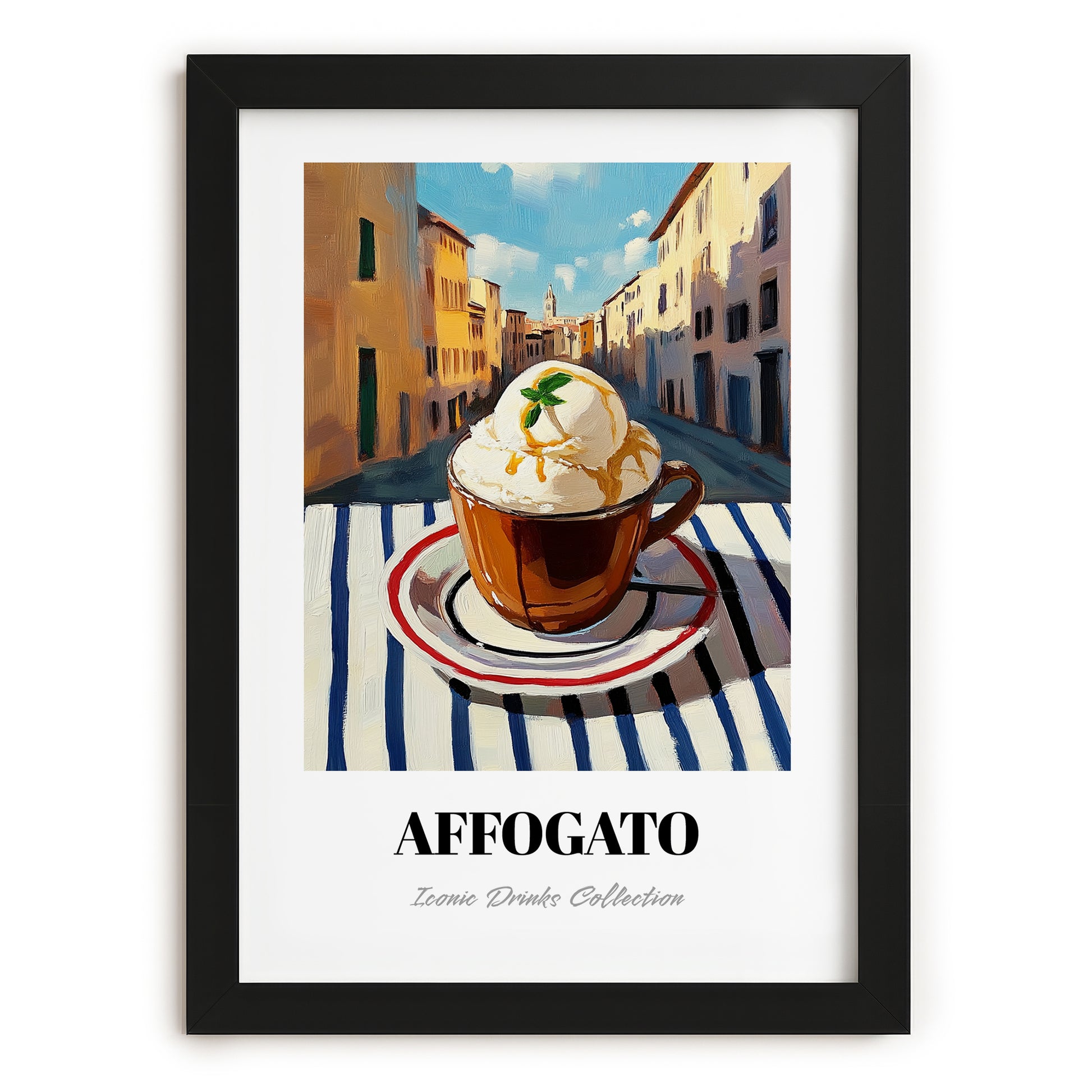 Affogato – Italian Café on the Corner, Italian Food Wall Poster, in sleek black frame