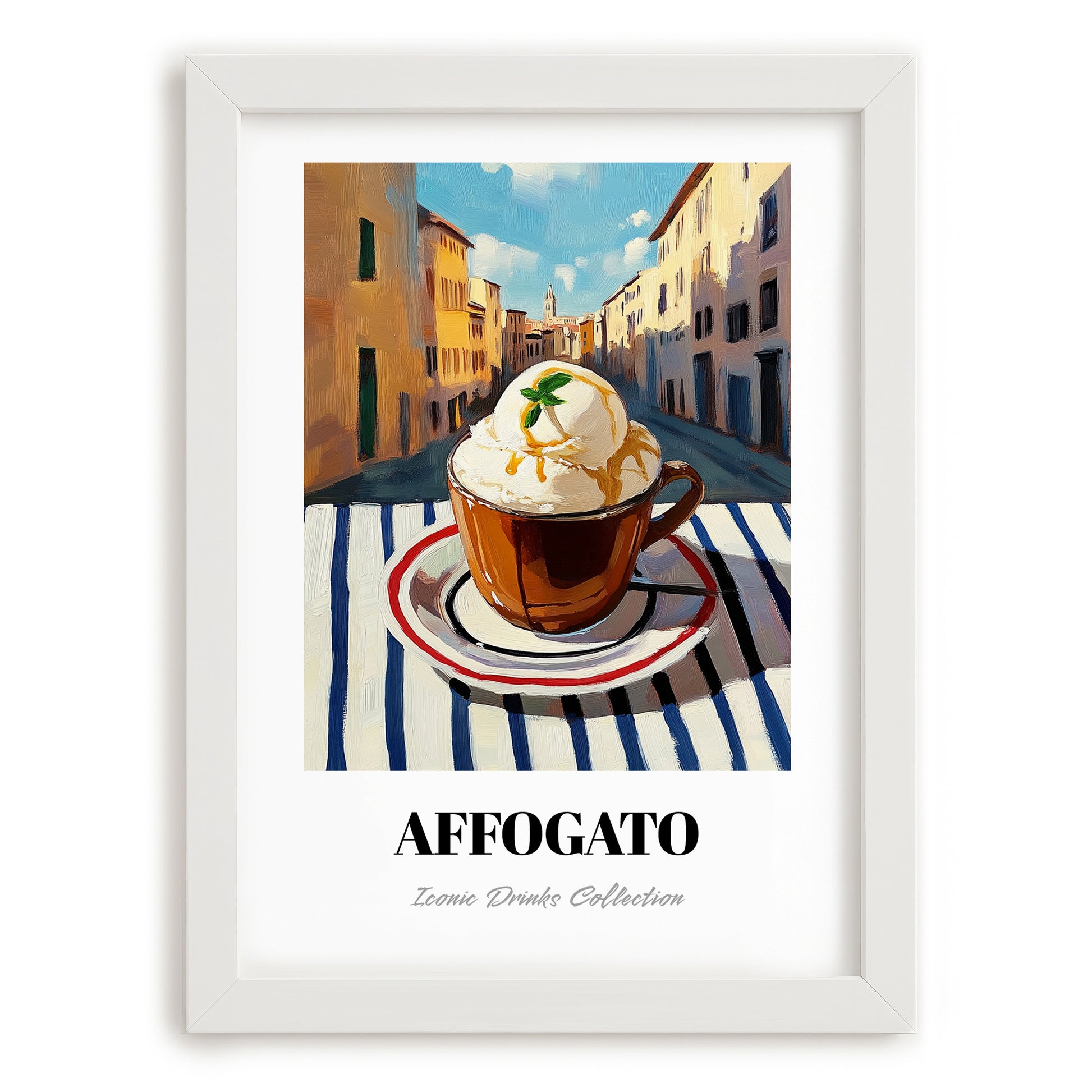 Affogato – Italian Café on the Corner, Italian Food Wall Poster, placed in minimal white frame