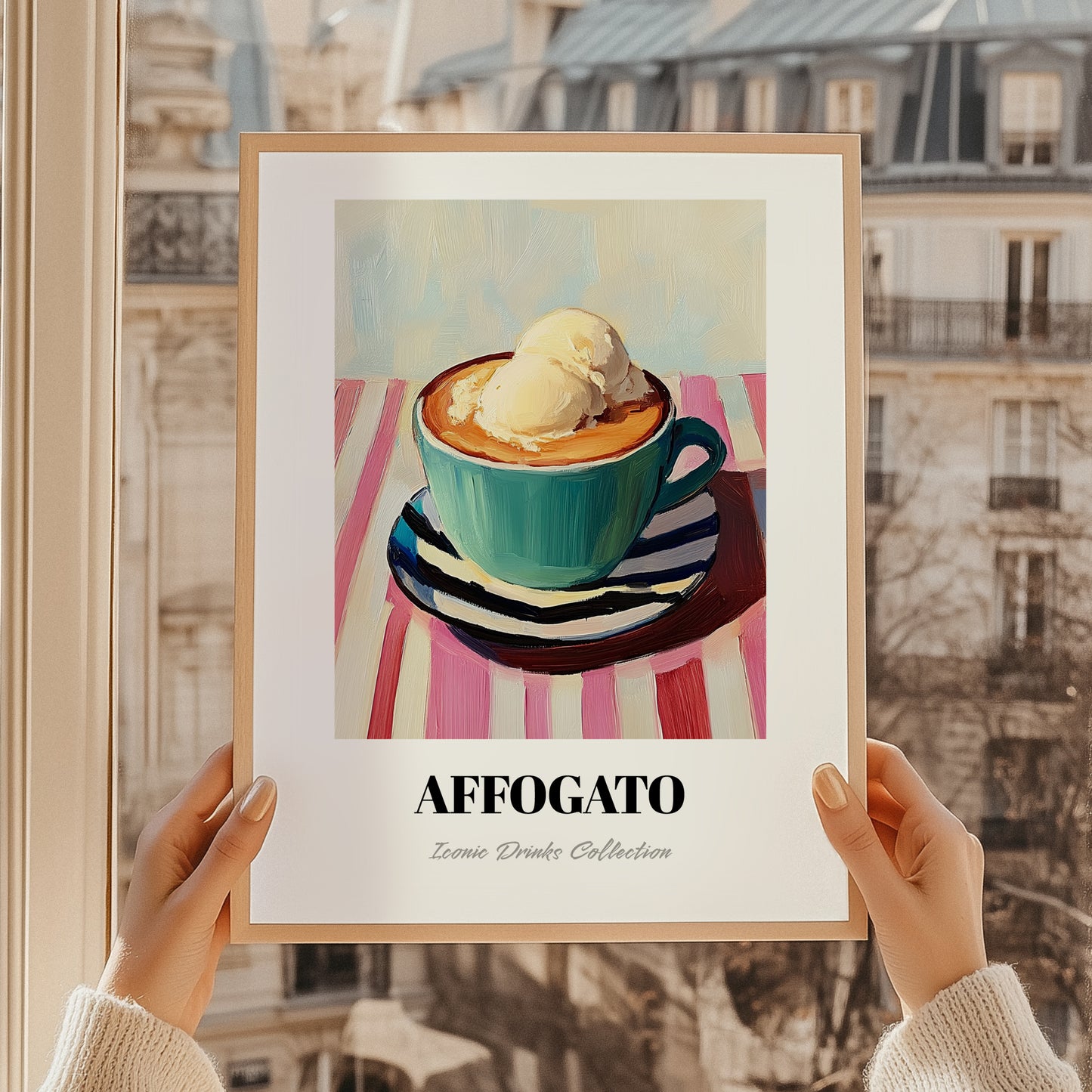 Affogato – on Striped Tablecloth, Italian Food Wall Decor, styled in a charming Paris street view
