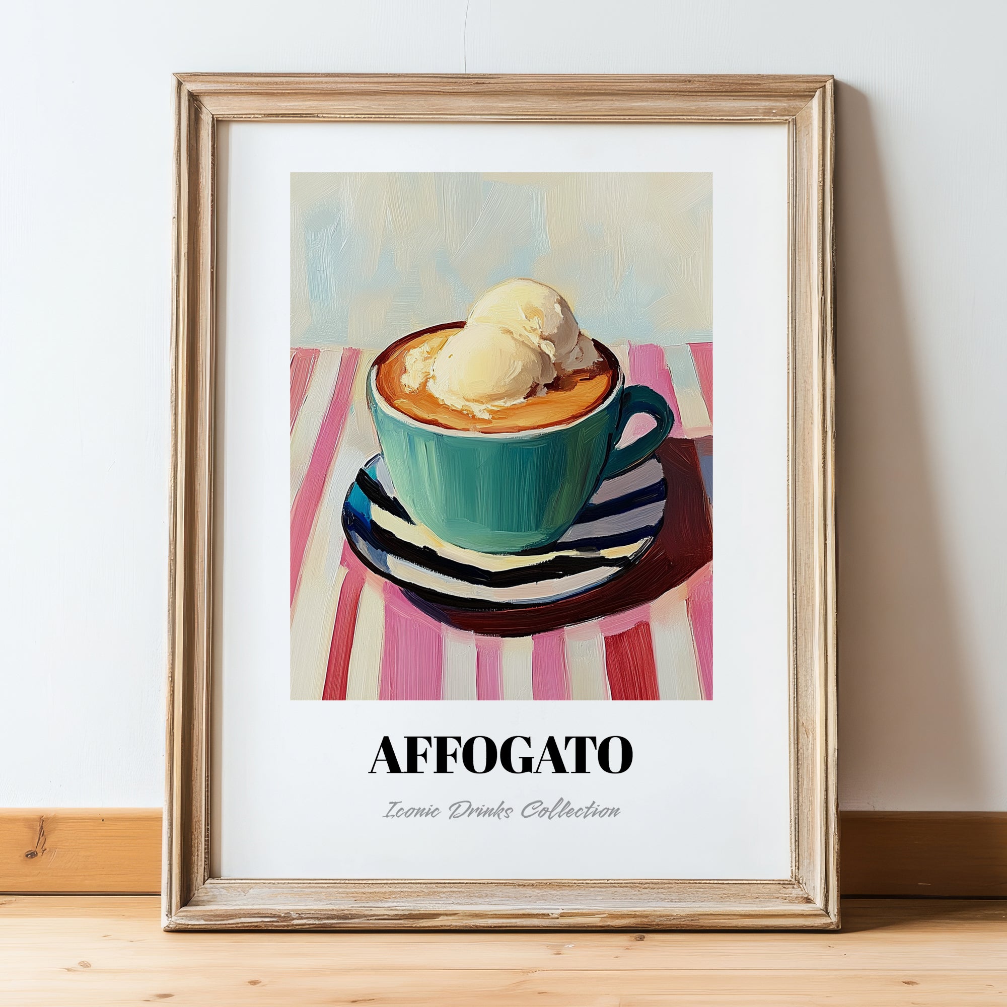 Affogato – on Striped Tablecloth, Italian Food Wall Decor, in wooden frame leaning on the floor