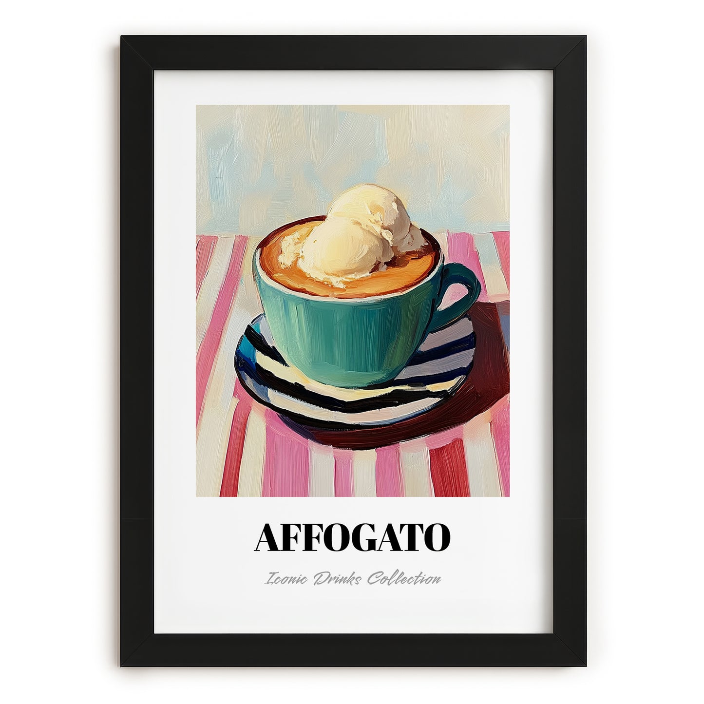 Affogato – on Striped Tablecloth, Italian Food Wall Decor, in sleek black frame