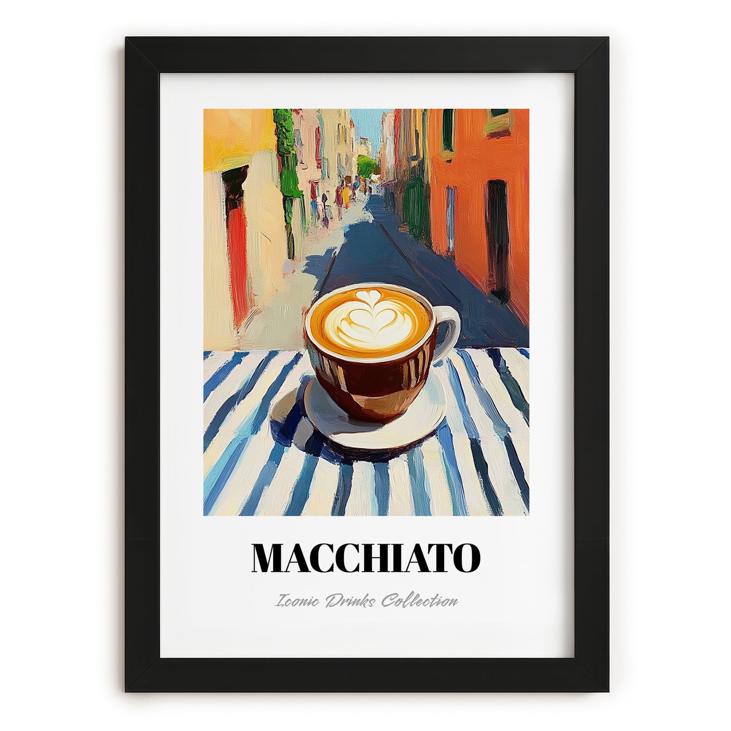 Macchiato – Italian Café on the Corner, Italian Coffee Poster, in sleek black frame