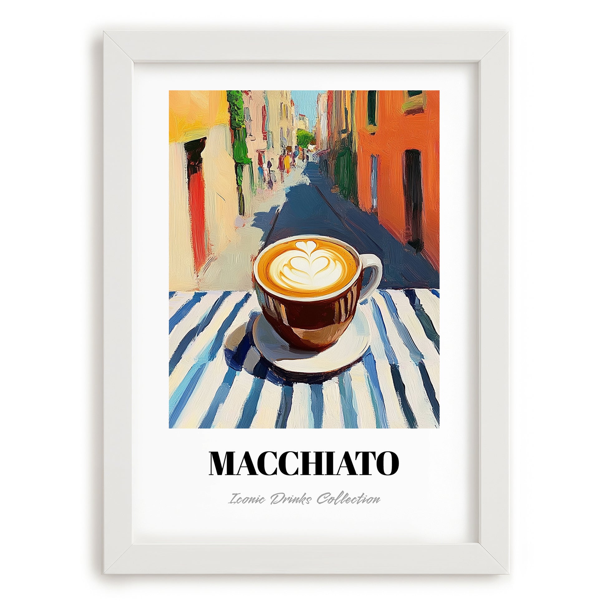 Macchiato – Italian Café on the Corner, Italian Coffee Poster, placed in minimal white frame