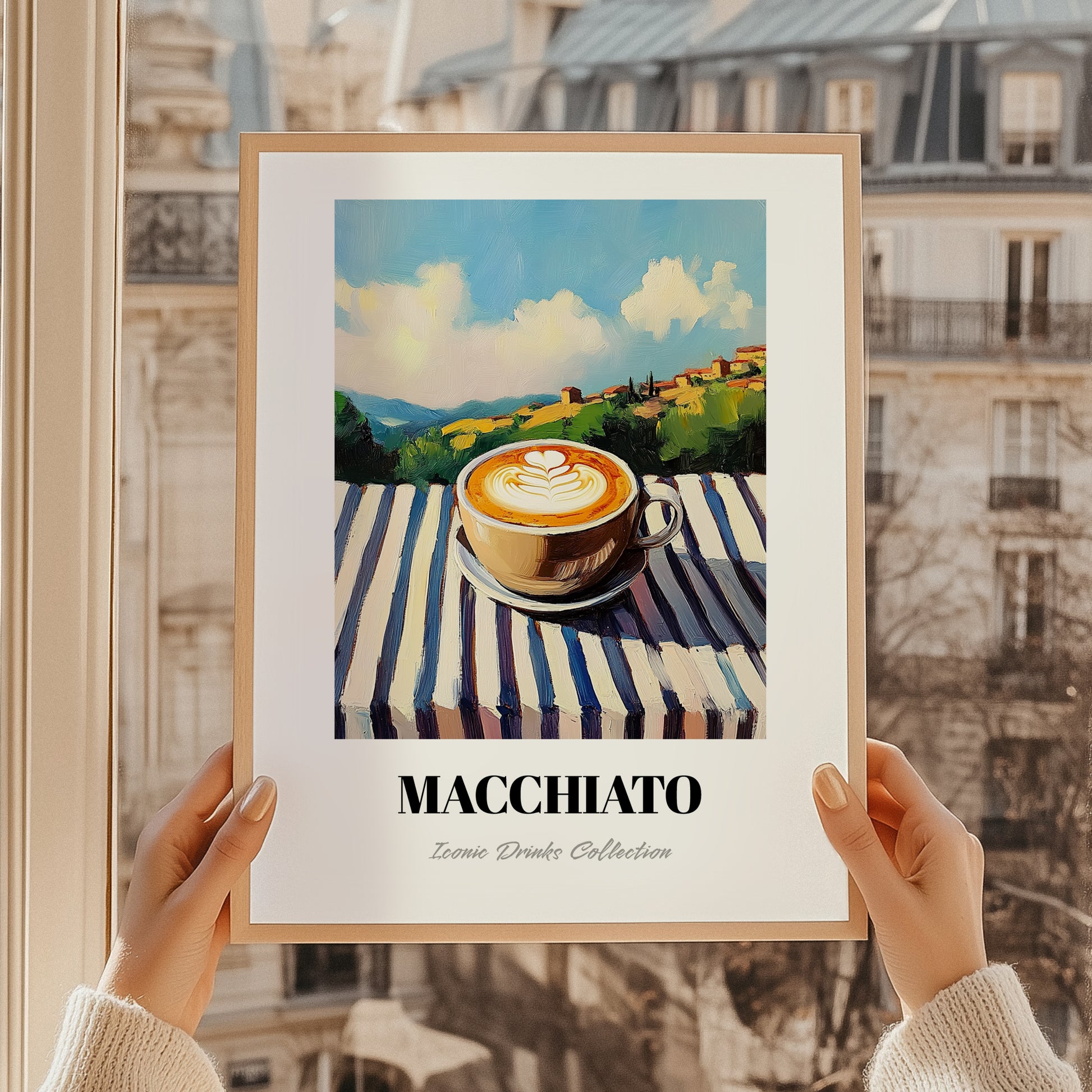 Macchiato – Italian Hilltop Table Scene, Italian Coffee Painting, styled in a charming Paris street view