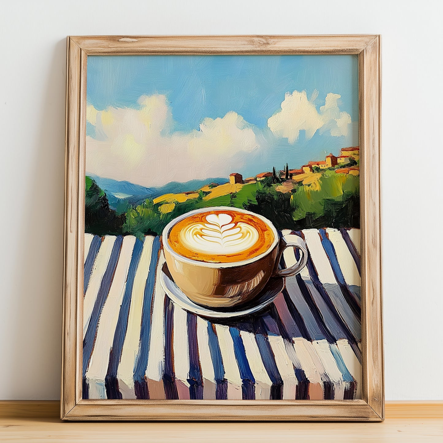 Macchiato – Italian Hilltop Table Scene, Italian Coffee Painting, no-text version framed in wood