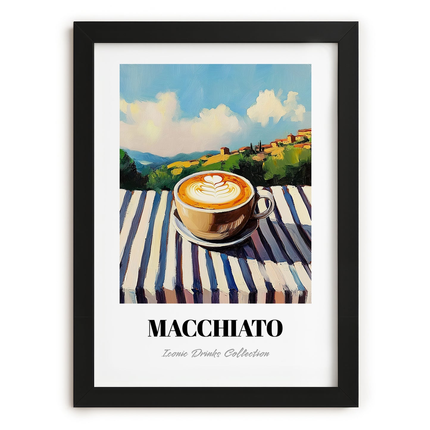 Macchiato – Italian Hilltop Table Scene, Italian Coffee Painting, in sleek black frame