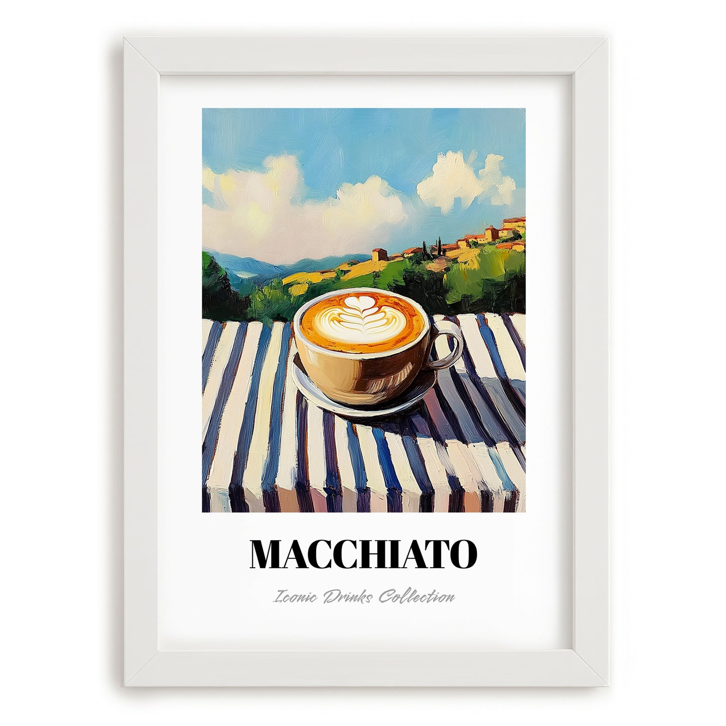 Macchiato – Italian Hilltop Table Scene, Italian Coffee Painting, placed in minimal white frame