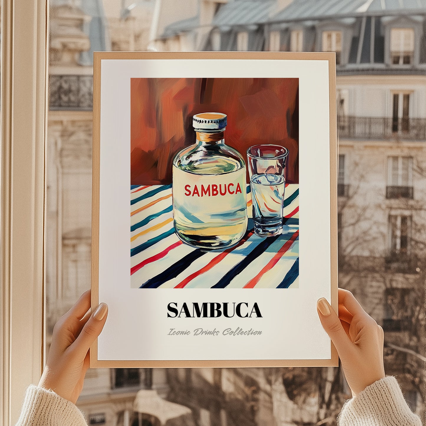 Sambuca – on Striped Tablecloth, Italian Spirit Wall Decor, styled in a charming Paris street view