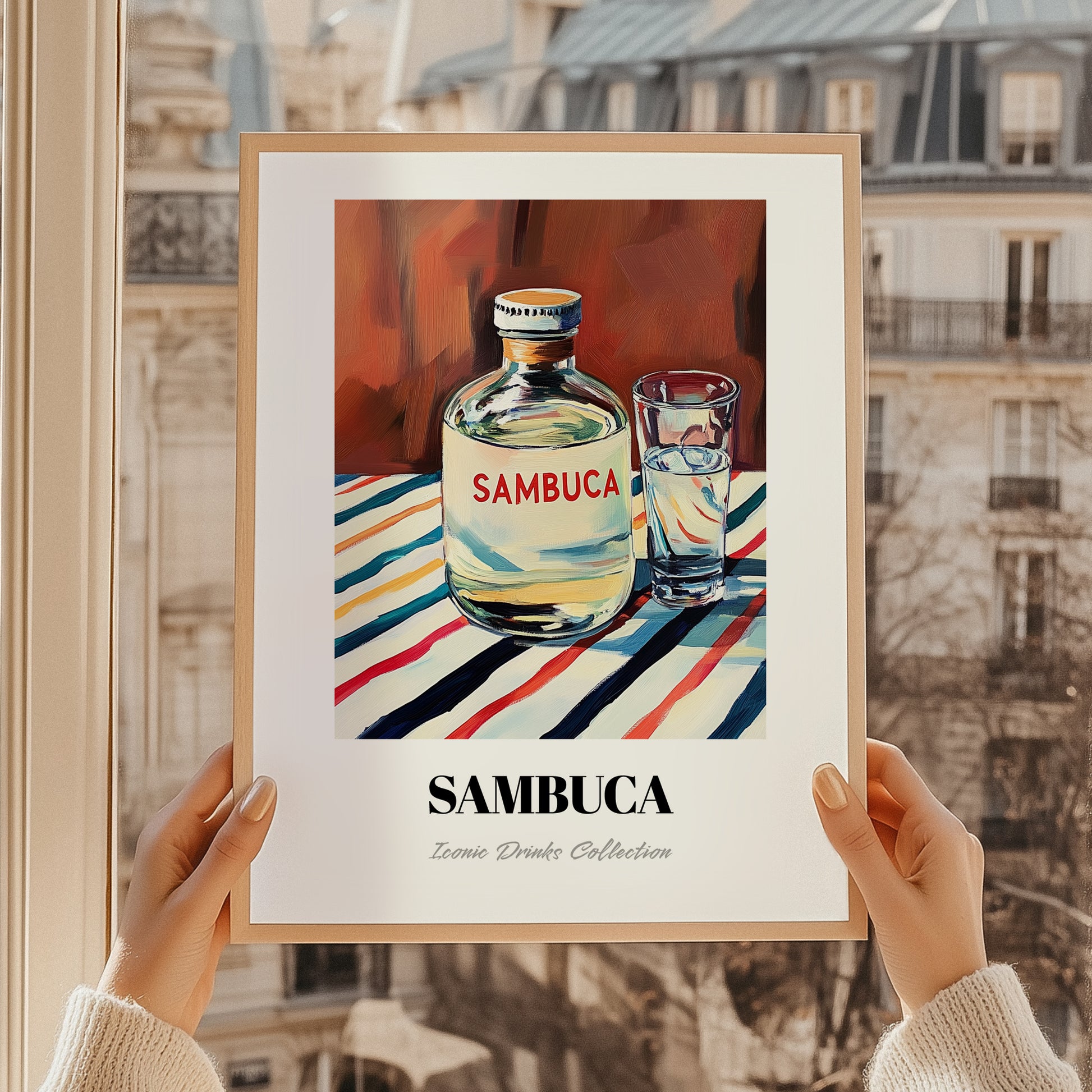 Sambuca – on Striped Tablecloth, Italian Spirit Wall Decor, styled in a charming Paris street view