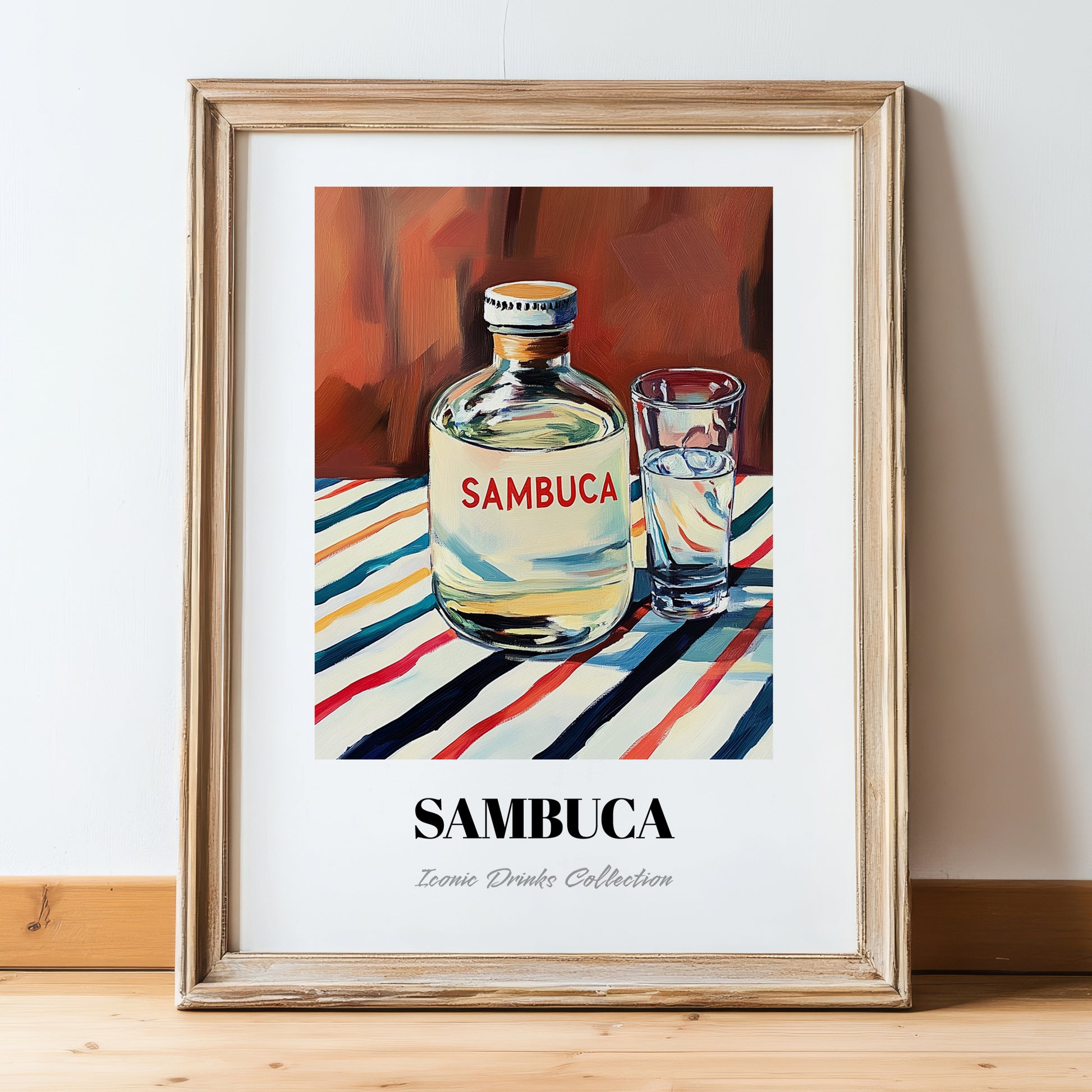 Sambuca – on Striped Tablecloth, Italian Spirit Wall Decor, in wooden frame leaning on the floor