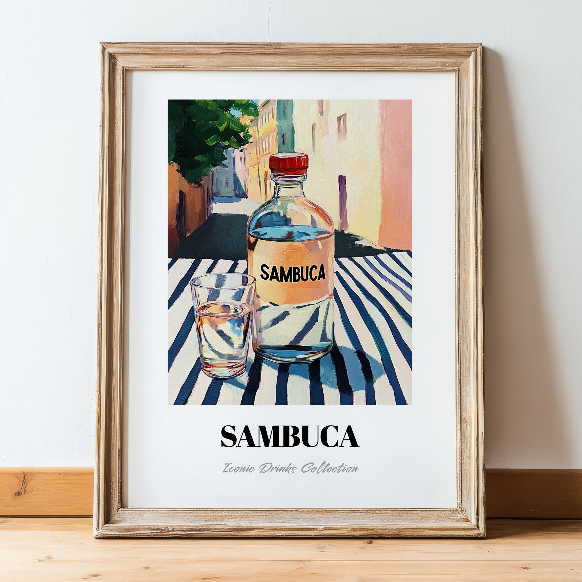 Sambuca – Italian Café on the Corner, Italian Spirit Poster, in wooden frame leaning on the floor