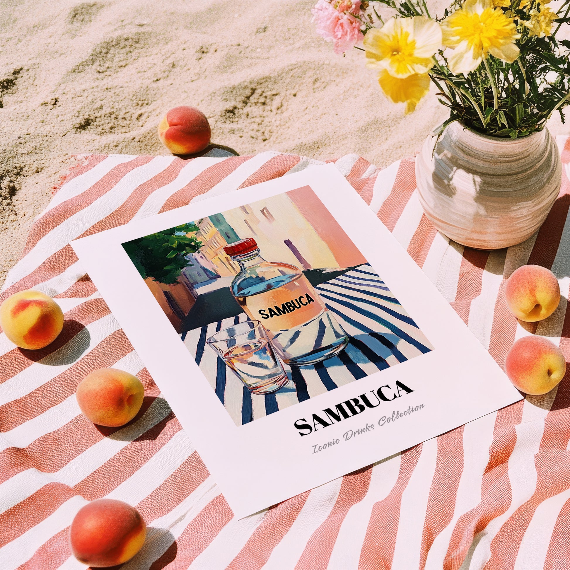 Sambuca – Italian Café on the Corner, Italian Spirit Poster, unframed on coastal sand