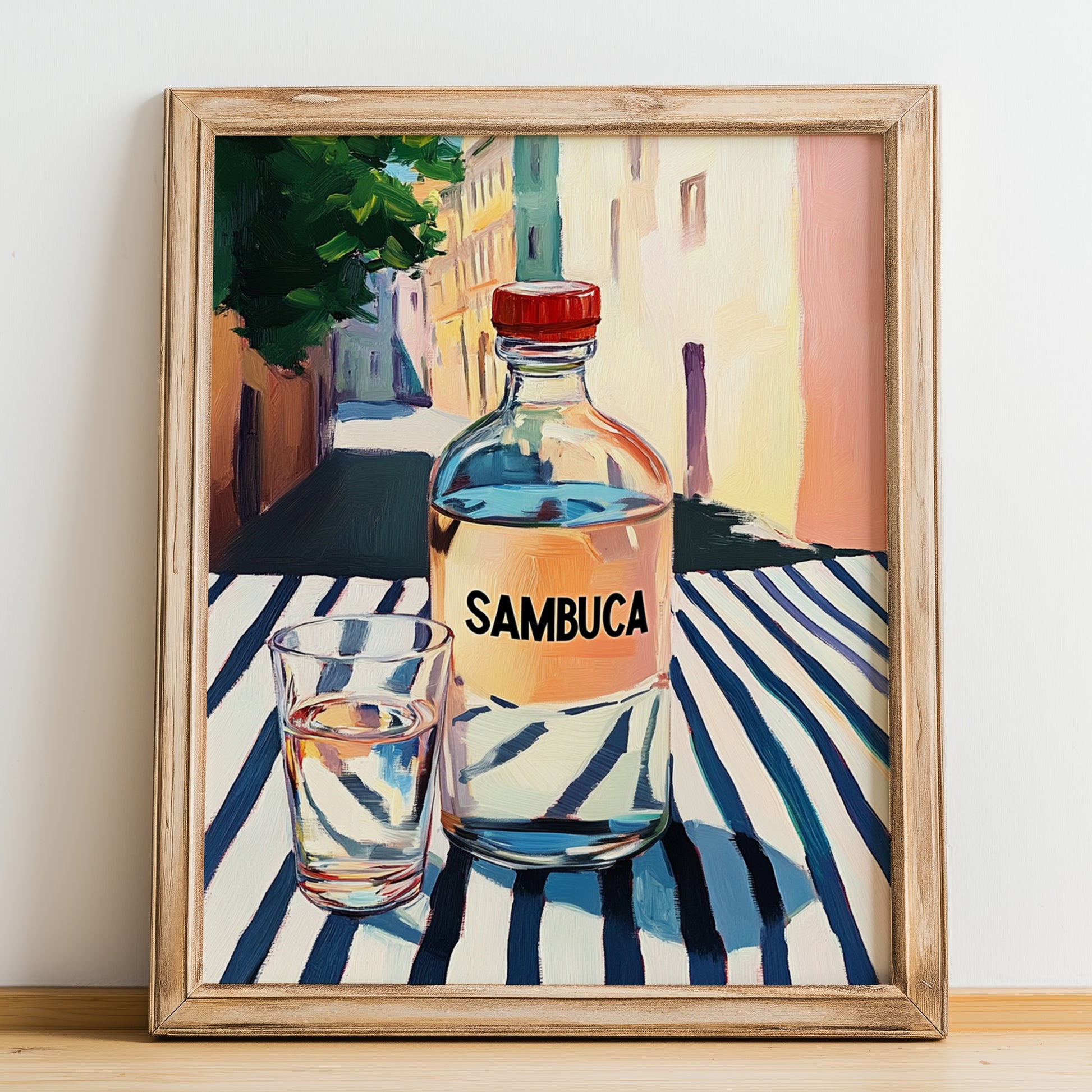 Sambuca – Italian Café on the Corner, Italian Spirit Poster, no-text version framed in wood