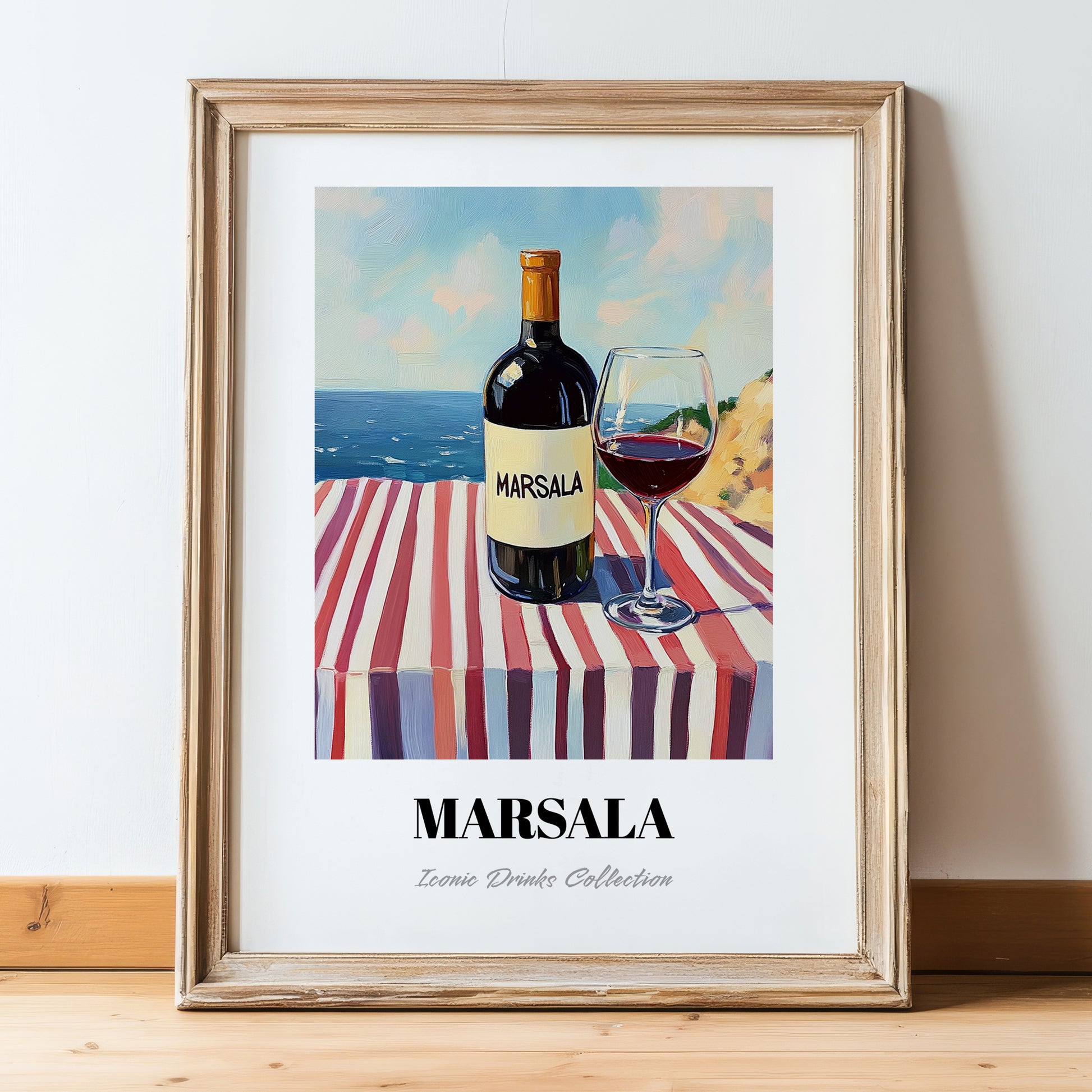 Marsala – Italian Seaside Scene, Italian Wine Poster, in wooden frame leaning on the floor