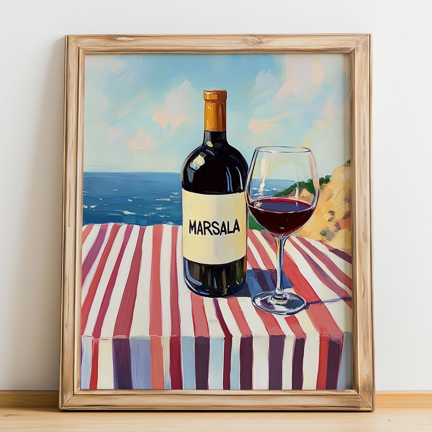 Marsala – Italian Seaside Scene, Italian Wine Poster, no-text version framed in wood