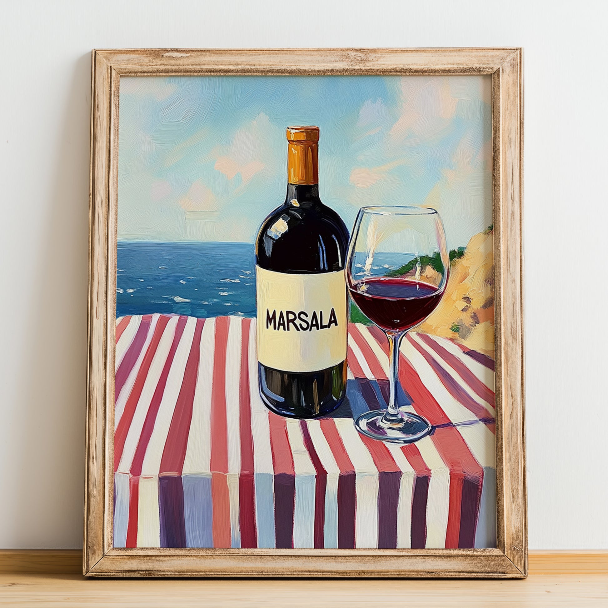 Marsala – Italian Seaside Scene, Italian Wine Poster, no-text version framed in wood