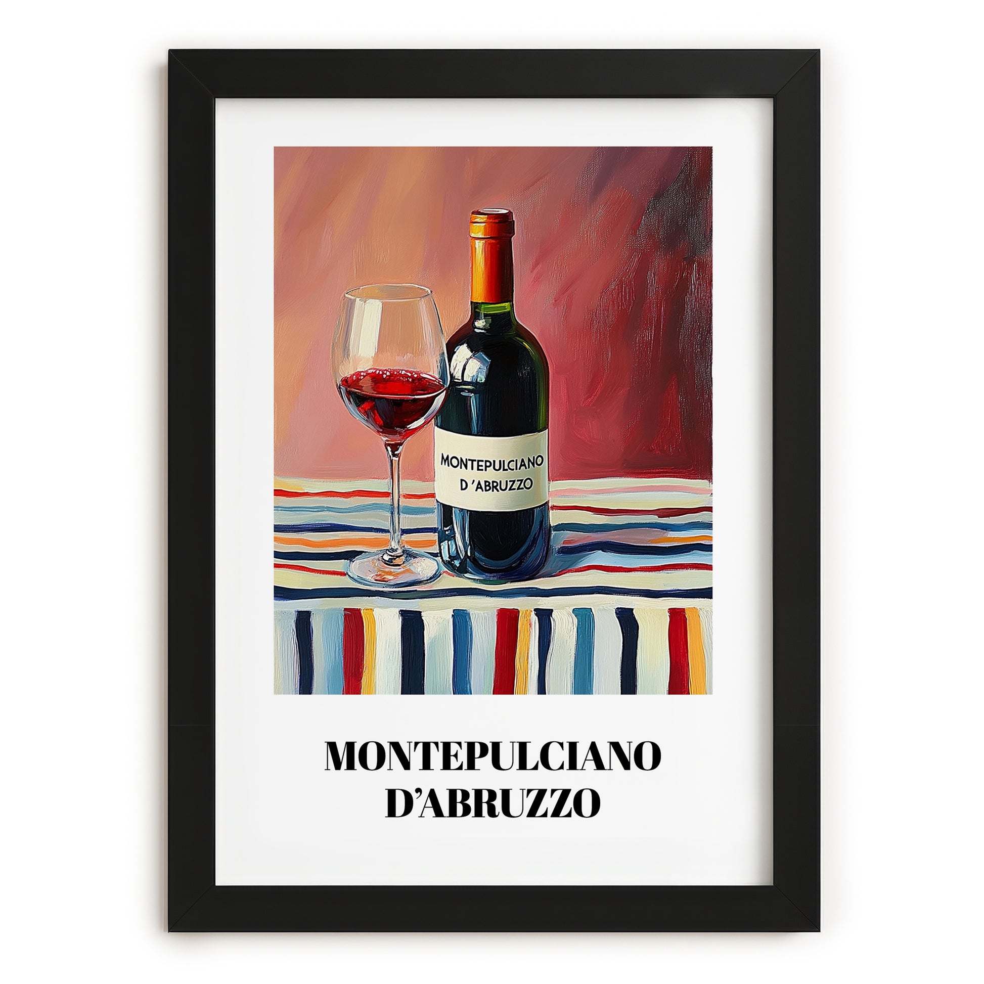 Montepulciano d'Abruzzo – on Striped Tablecloth, Italian Wine Painting, in sleek black frame